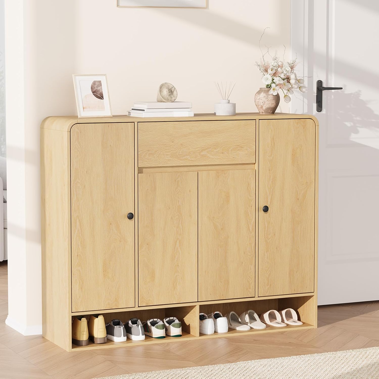 Garvee Shoe Cabinet with 4 Doors and 1 Drawer, Freestanding Wood Shoe Storage Organizer with Open Bottom Shelf, Modern Entryway Shoe Cabinet for Hallway, Foyer, Natural Oak
