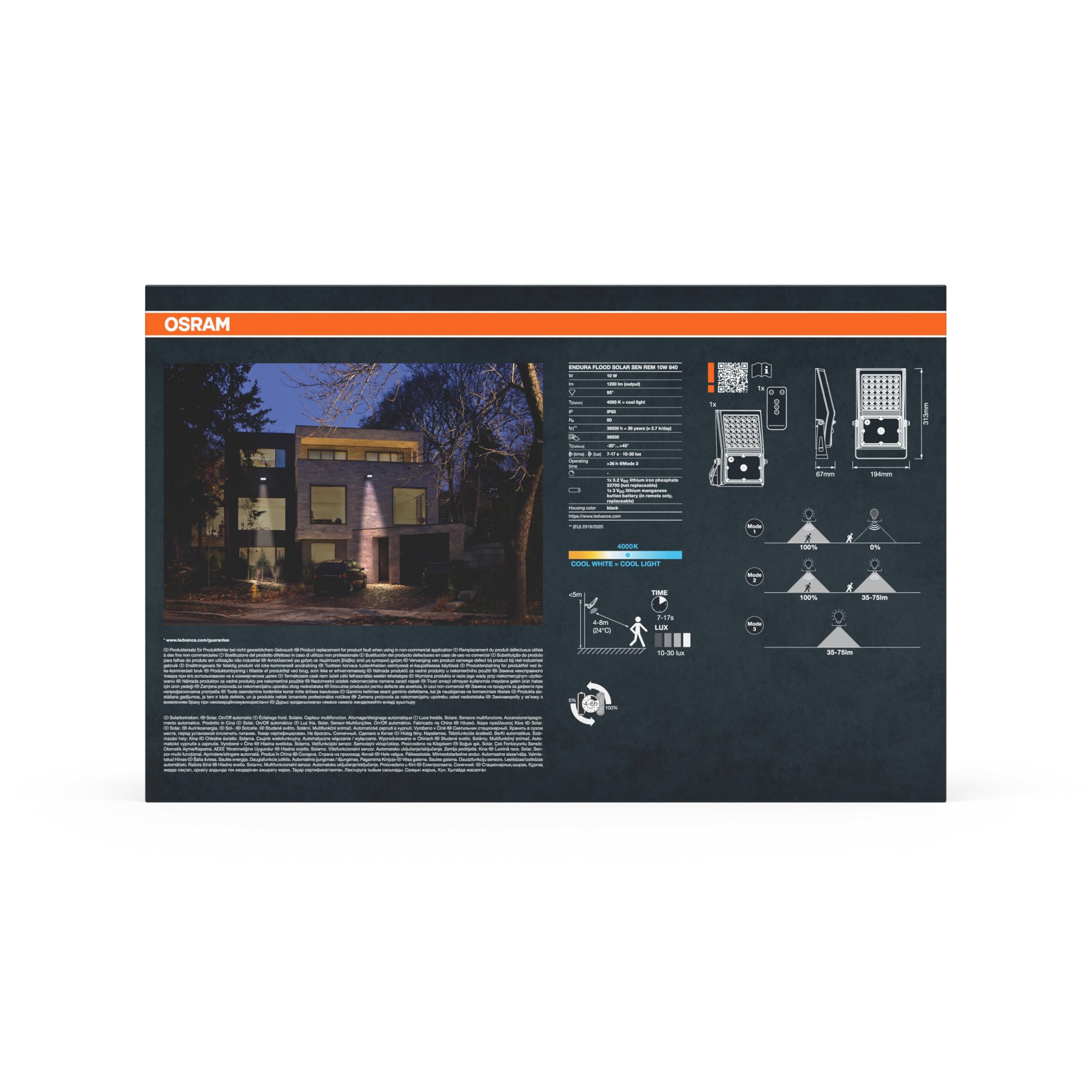 Osram Projecteur LED ENDURA Flood Solar, 10W, à énergie solaire, capteur intégré, blanc froid, télécommande, longue durée de vie de la batterie jusqu'à 4 h à pleine luminosité, protection IP65