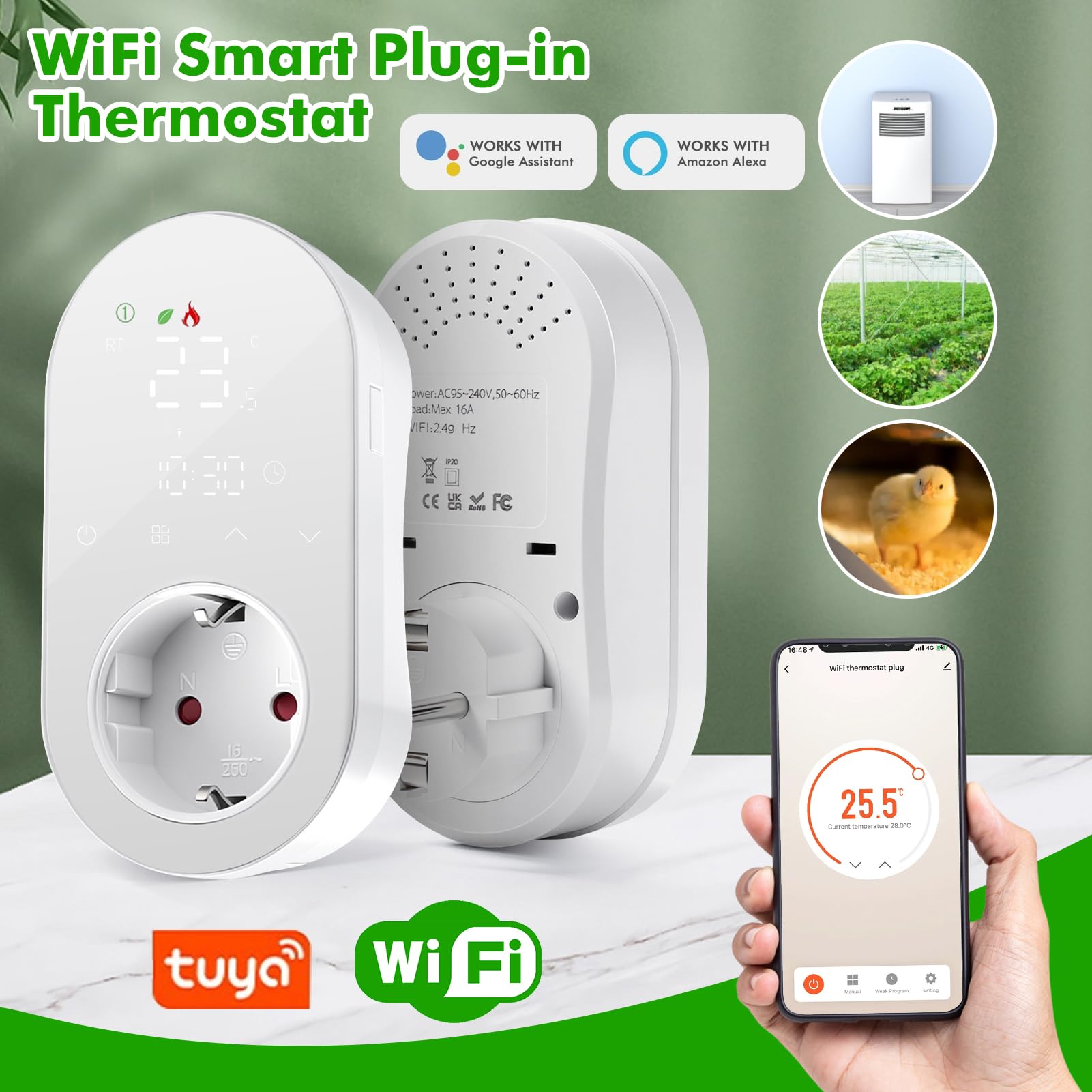 Jadeshay Termostato Intelligente con Presa Programmabile Presa Termostato WiFi 16A 220V con Display LED Controllo Digitale per Riscaldamento e Raffreddamento Compatibile con Alexa e Google Assistant