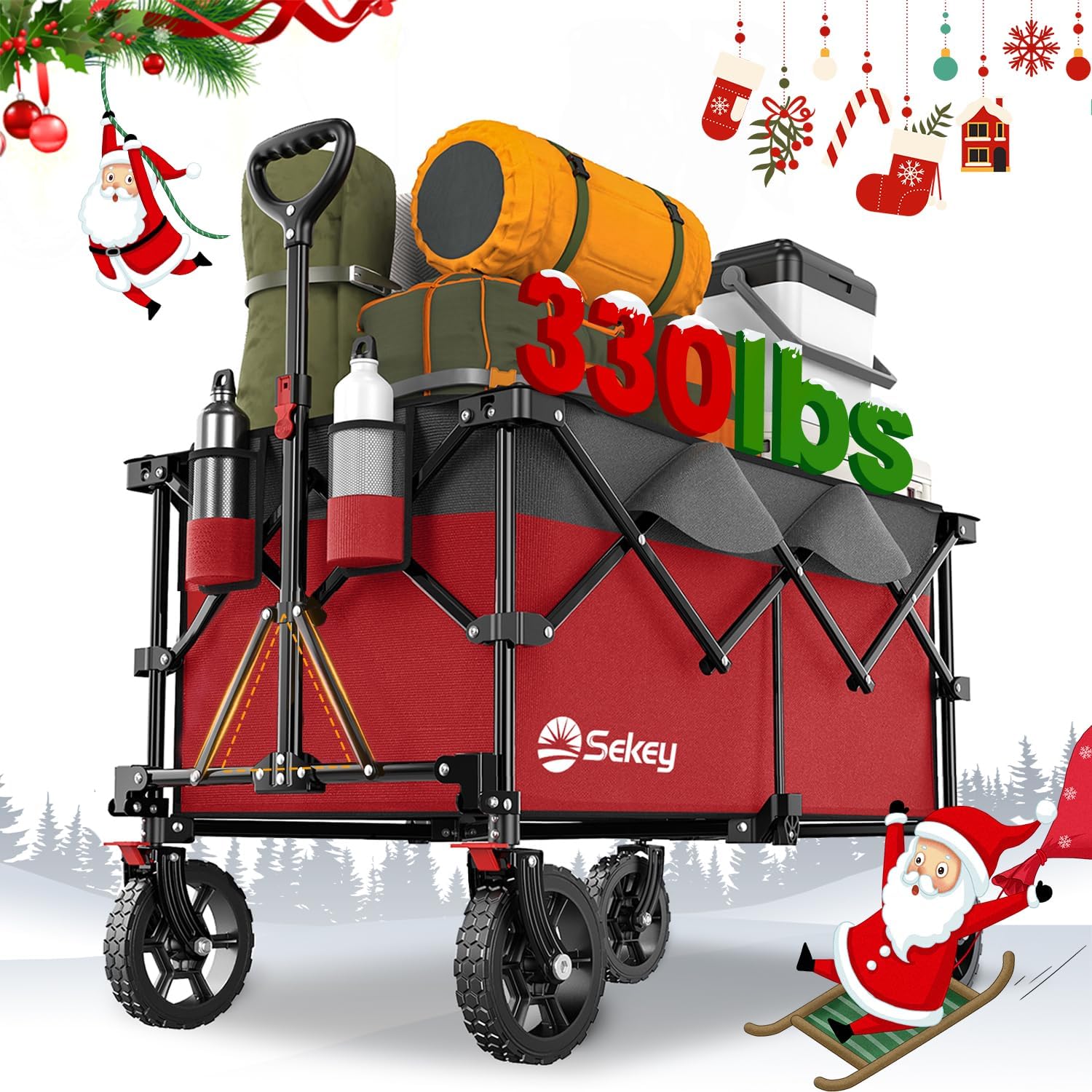Sekey 220L Collapsible Foldable Wagon with 330lbs Weight Capacity, Heavy Duty Folding Wagon Cart with Big All-Terrain Wheels & Drink Holders (Red&Grey) Red & Gray