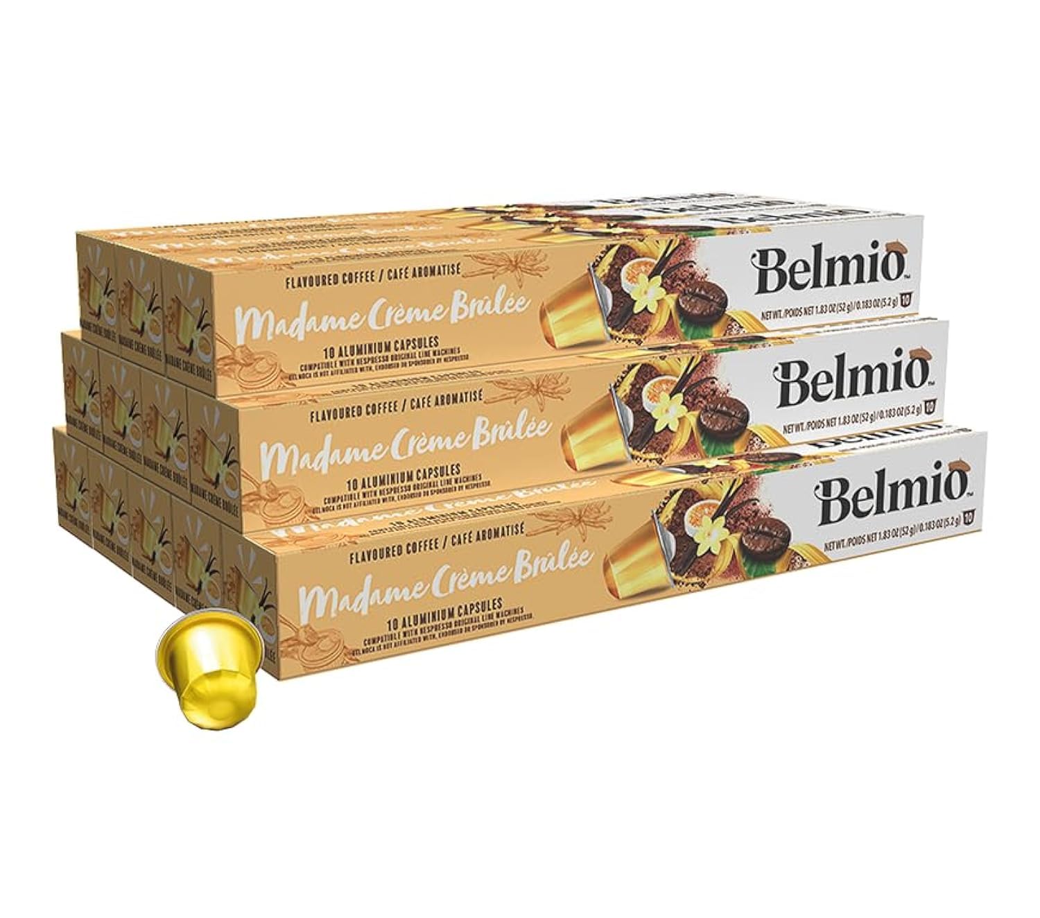 BelmioMadame Crème Brûlée Flavoured Collection Coffee Capsules Pack of 12 (120 Capsules) -Compatible with Nespresso Original Line Machines.