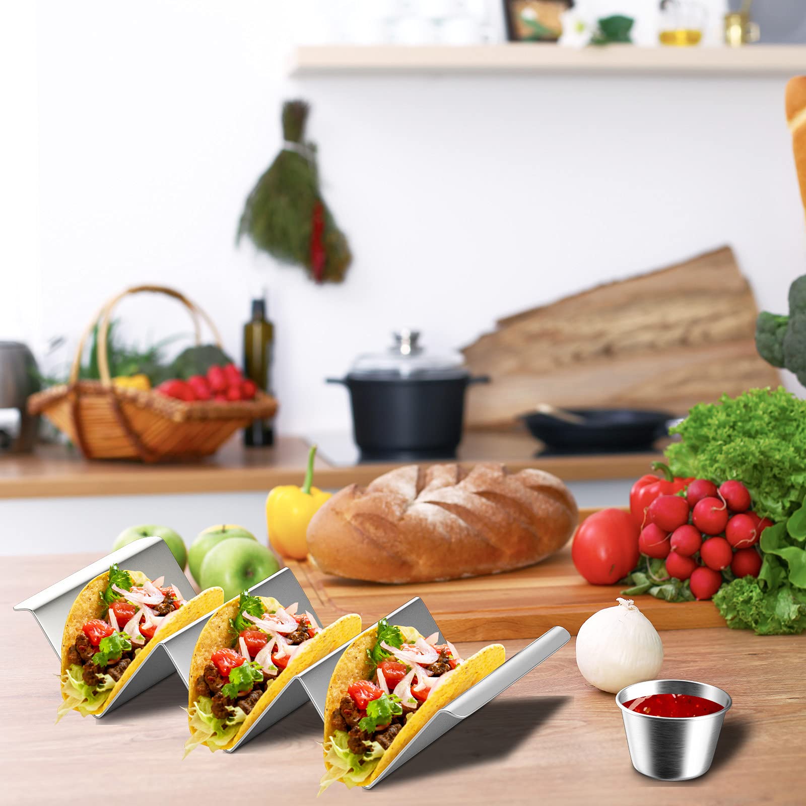 Supporto per tacos Set di 4 in acciaio inossidabile, porta taco con manici, porta taco può contenere fino a 3 tacos, griglia e lavabile in lavastoviglie