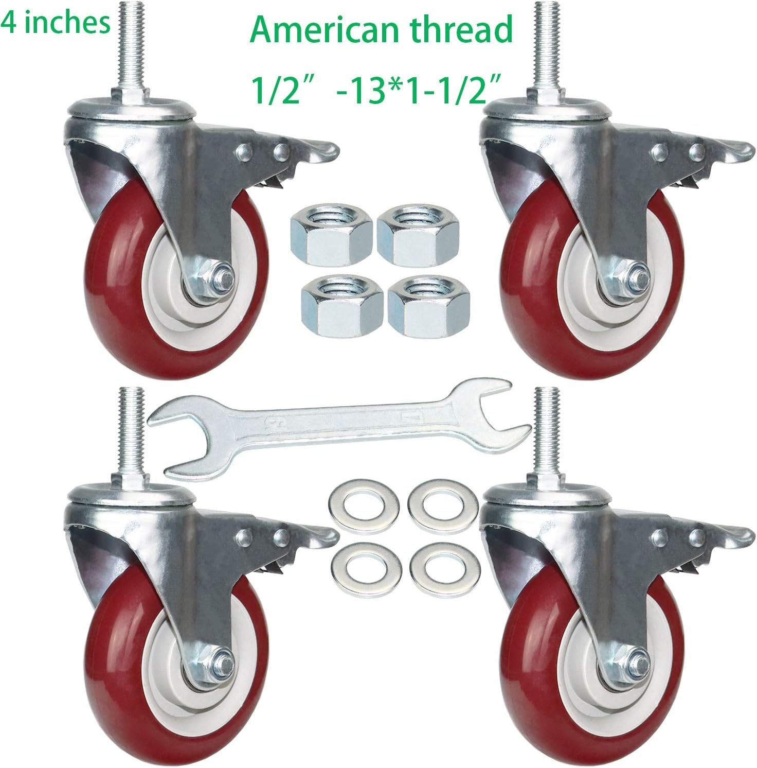 DICASAL 4 Inch Swivel Stem Casters Heavy Duty American Size UNC 1/2"-13x1-1/2"Stem Thread Wheels 360 Degree Durable Wheels Dual Safety Locks Castors with 1650 Lbs Capacity Pack of Four: Automotive