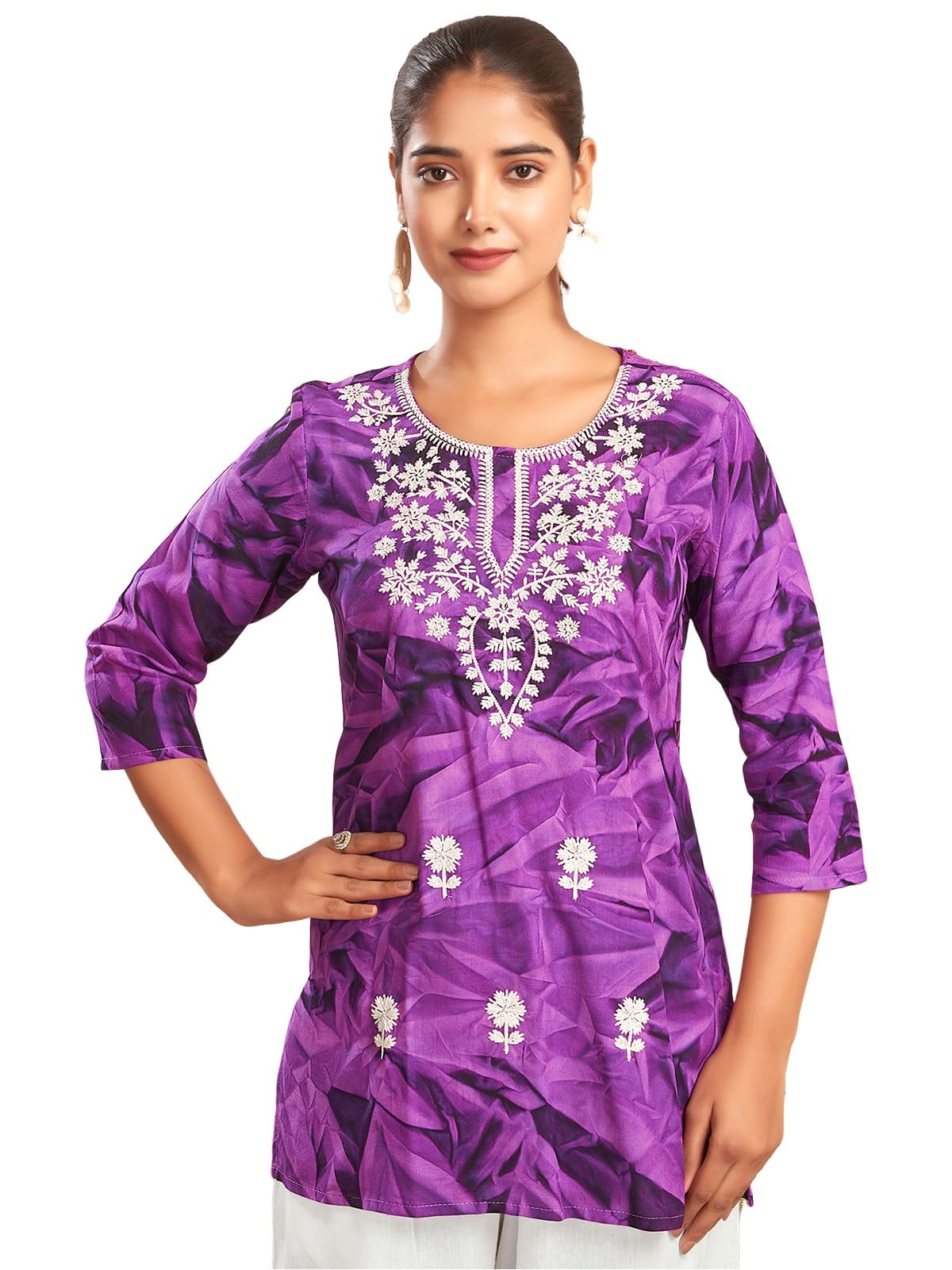 Sanisa Women's Rayon Chikankari Embroidery Short Straight Kurti (479K287N-M_Purple6)