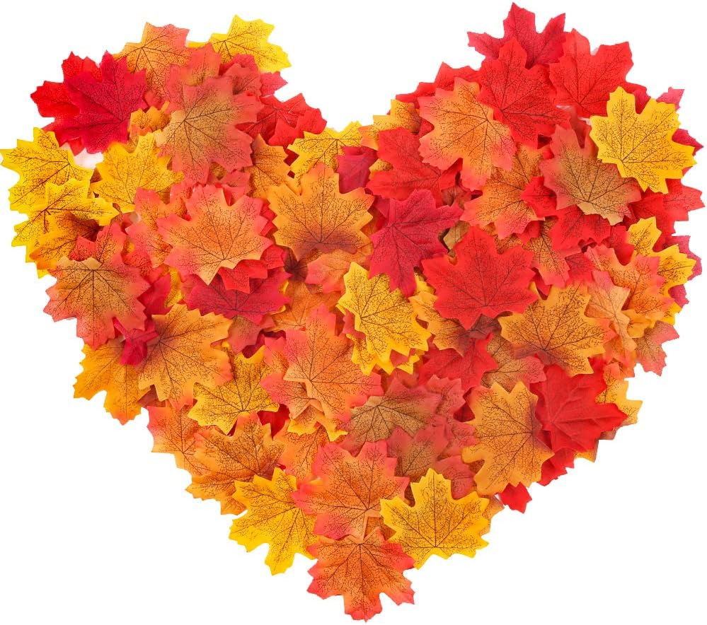 FUTUREPLUSX 500PCS Fake Fall Leaves Decorations, Artificial Autumn Maple Mixed Color Faux Leaf for Thanksgiving Home Table Decor Weddings Christmas Party Harvest Art Scrapbooking Craft
