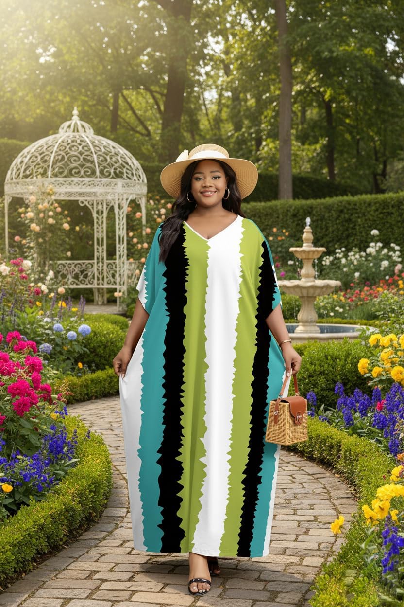 Runwind Women’s Kaftan Maxi Dress Casual V Neck Loose Split Short Sleeve Long Dresses for Church Vacation Plus Size - Image 4