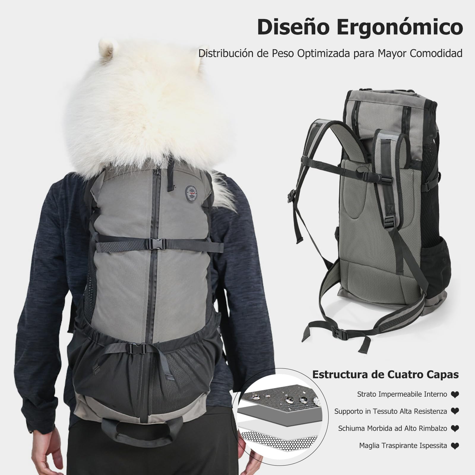 PETCUTE Zaino per Cani,Zaino Traspirante per Gatti con fodera Impermeabile,Trasportino Pieghevole per Cani con Imbracatura di Sicurezza,Imbottitura Rimovibile, per Viaggi,Passeggiate all'aperto
