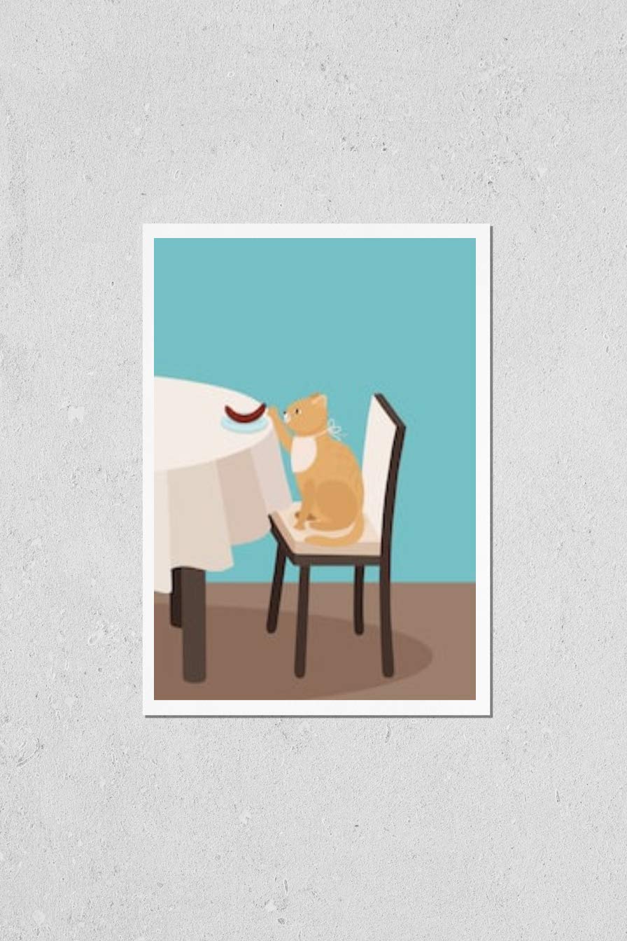 HardPress Wall Art Poster Print of Cat Stealing Food in The Kitchen. Cat Eating Sausage. Cat Tricks. Food for Pets. Funny Style. Cartoon Cat in The Kitchen Illustration.