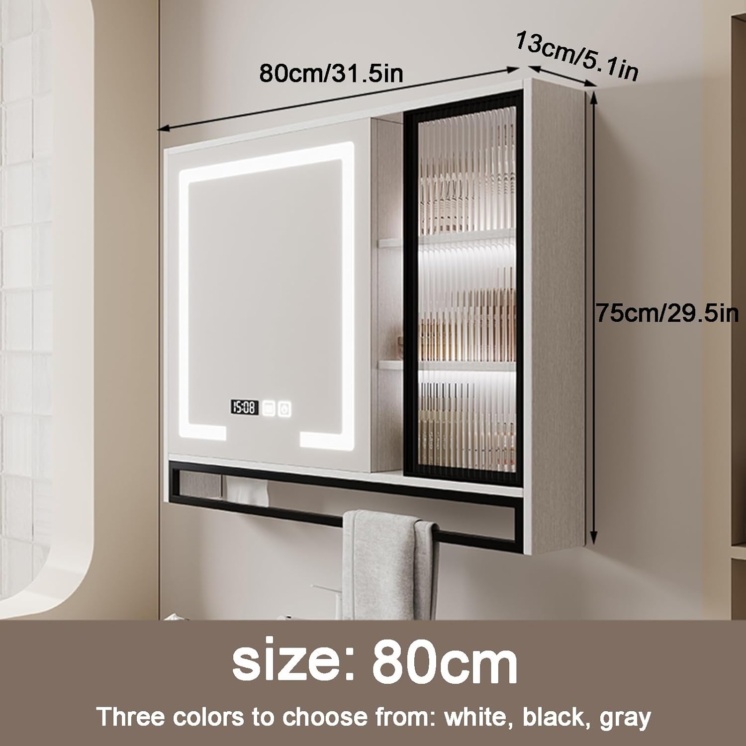 Bathroom Wall Mirror Cabinet,Mirror with Storage Mirror Cabinet，Bathroom Mirror Cabinet Wall Mounted，Anti-Fog Dimmable Light，for Kitchen,Living Room Garage Laundry Room(C,W80*H75cm/W31.5*H29.5in)