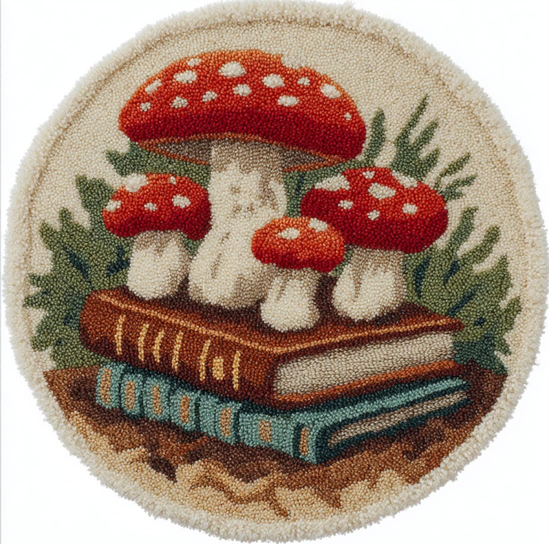 Rqwybcaxn DIY Latch Hook Rug Making Kits for Teens Crochet Hooks Set Cartoon Mushrooms and Books 80x80cm Round Easy Pattern Floor Mat Study Handmade Art