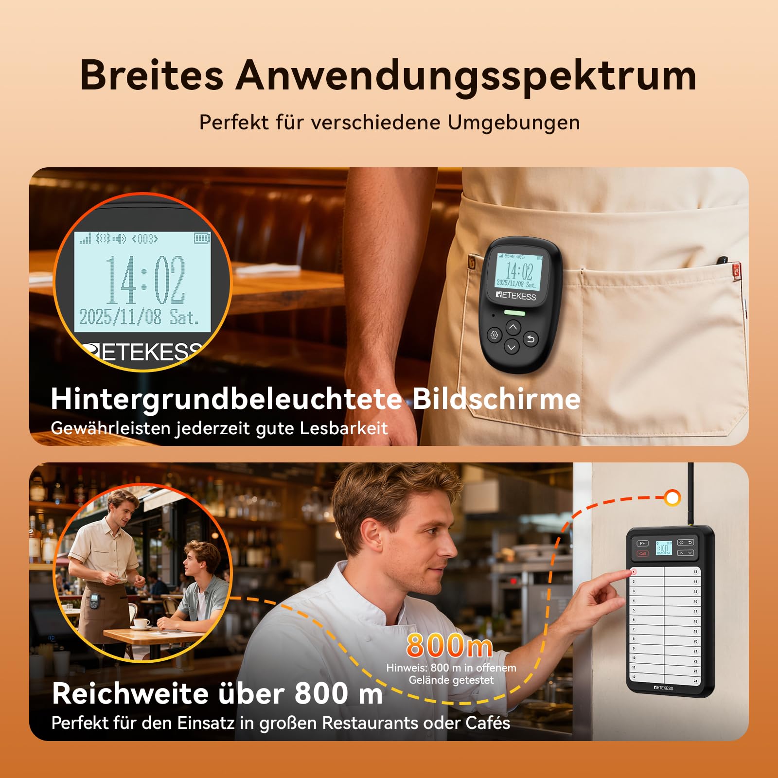 Retekess TD037 Restaurant Pager System, Pager Rufsystem mit 24 Tasten Schreibtafel, Einfache Bedienung, Blinklicht und Summer, 6 Pager und Piepser für Restaurants, Cafés, Bars und Hotels