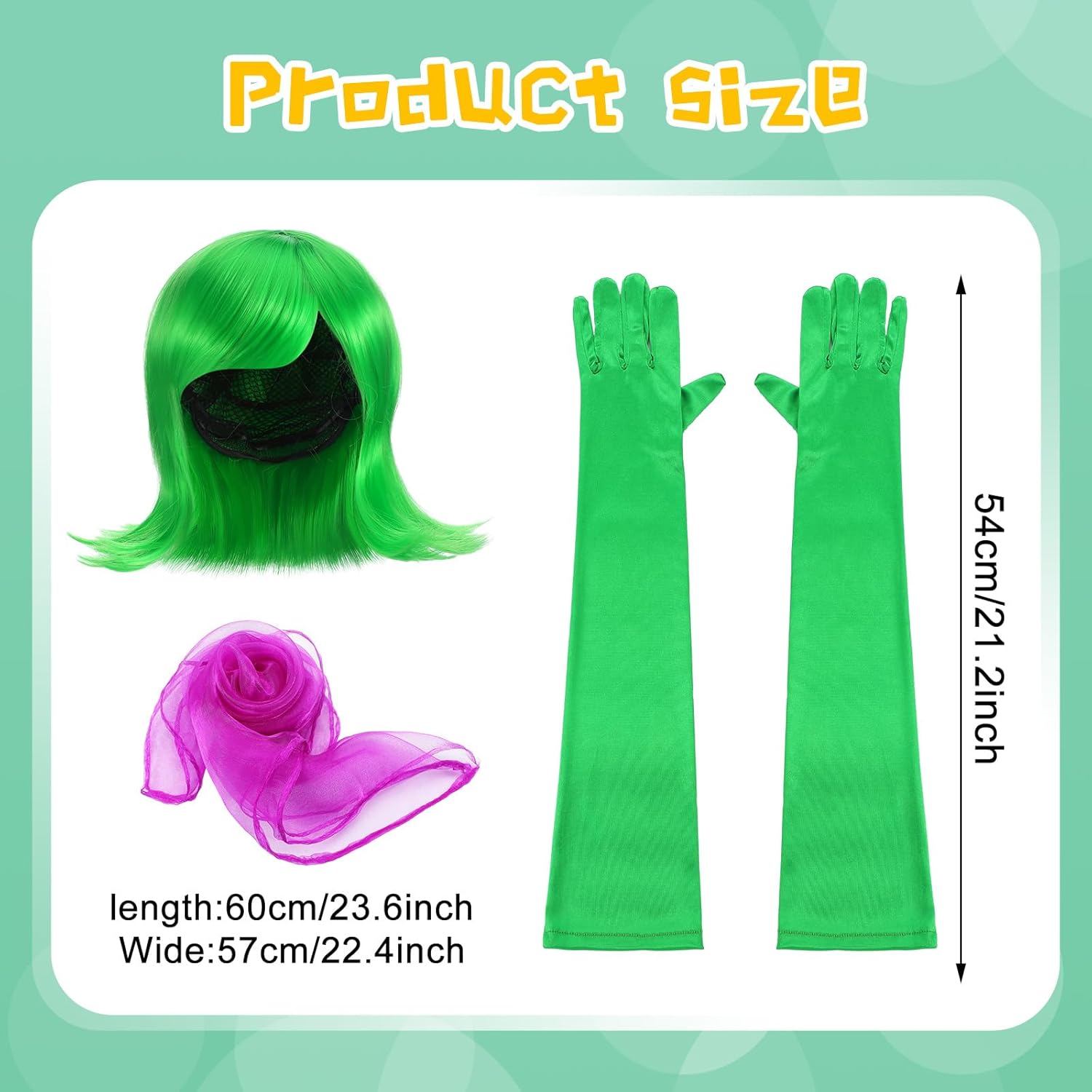 4 Pcs Halloween Disgust Costume Cosplay Set Disgust Green Costume Wig with Scarf Gloves False Eyelashes Short Green Flip Wigs for Adults Halloween Costume Anime Cosplay - Image 3
