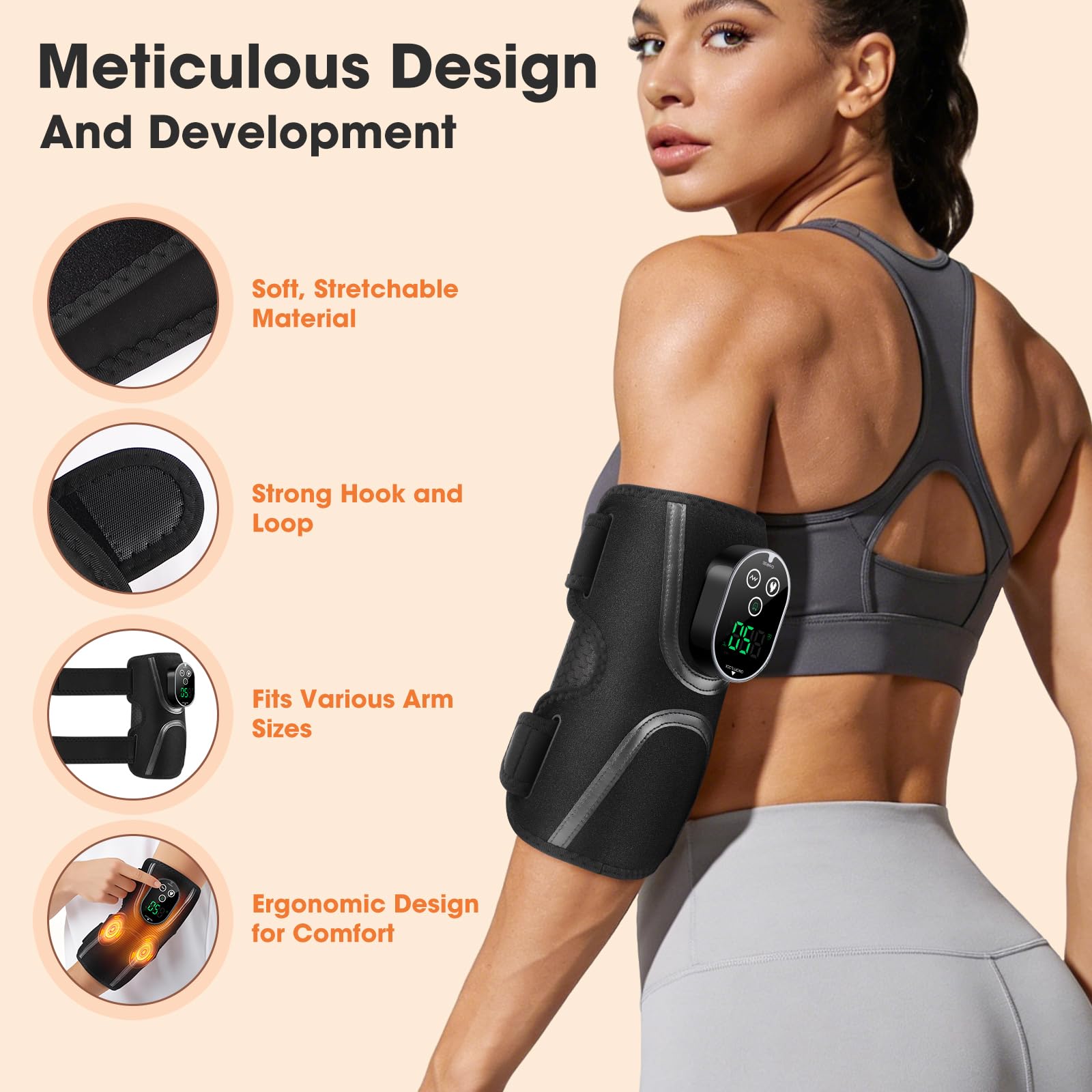 Coussin Chauffant Pour Coude Sans Fil Avec Vibrations, Coudière Chauffante Avec Écran Tactile, 5 Niveaux Chaleur, 3 Modes Vibration, 3 Réglages Durée, Batterie 3000mAh, Pour Coude Gauche ou Droit