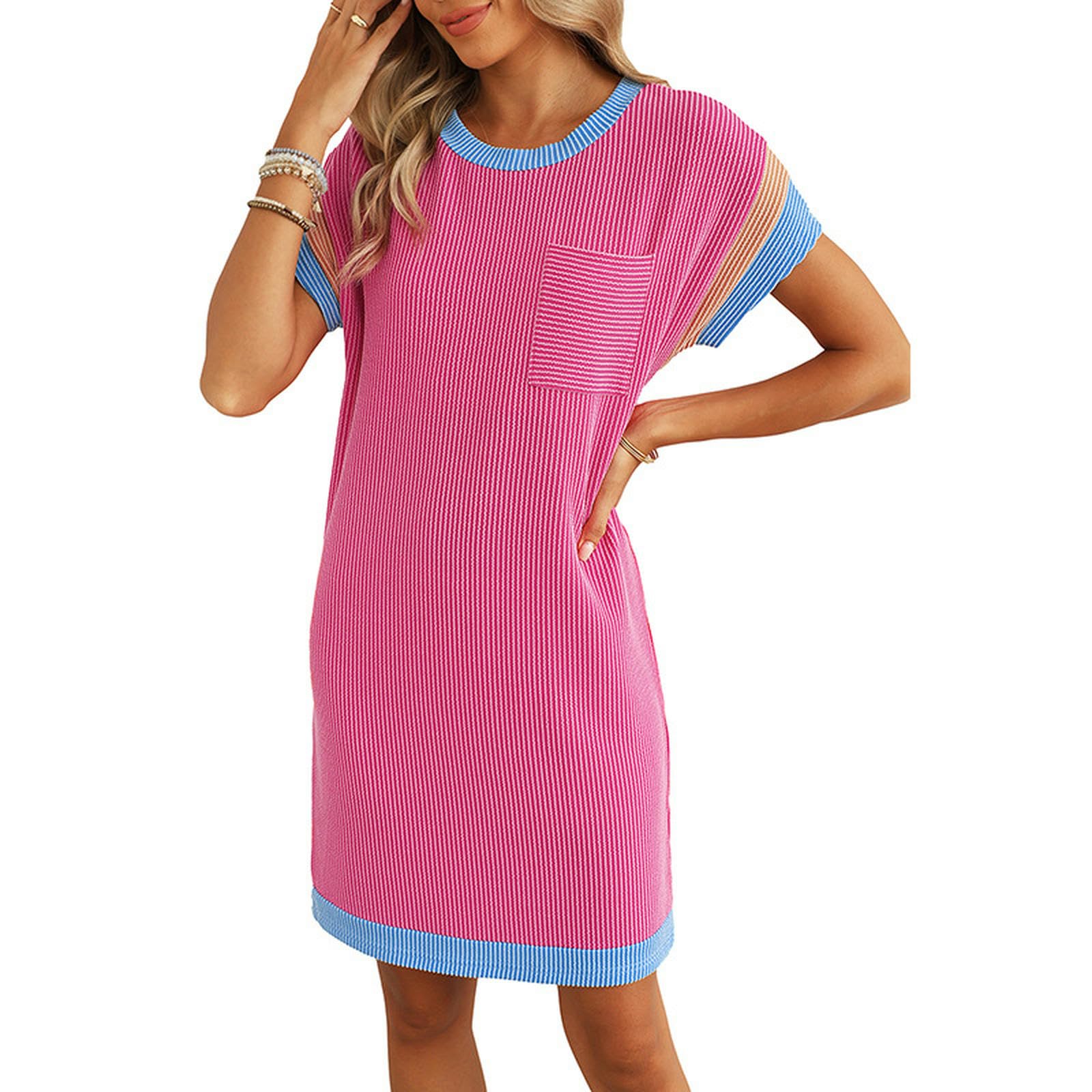 Lockerer, gerader, kurzer Rock mit hoher Taille und farblich passendem Rundhals-T-Shirt-Kleid für Damen-LC6120703-P202-XXL