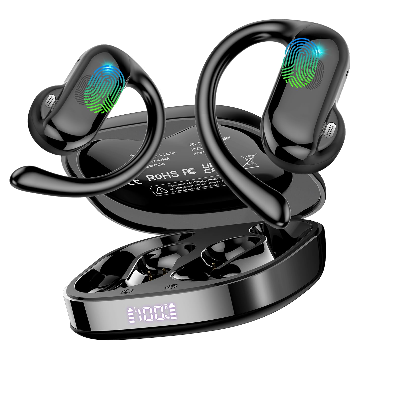 Open Ear Kopfhörer Bluetooth 5.4 HiFi Stereo, 2026 Kopfhörer Kabellos Bluetooth mit ENC Noise Cancelling Mic, 42Std Ohrhörer mit Ohrhaken,IPX7 Wasserdicht Sportkopfhörer für Laufen/Reiten Schwarz