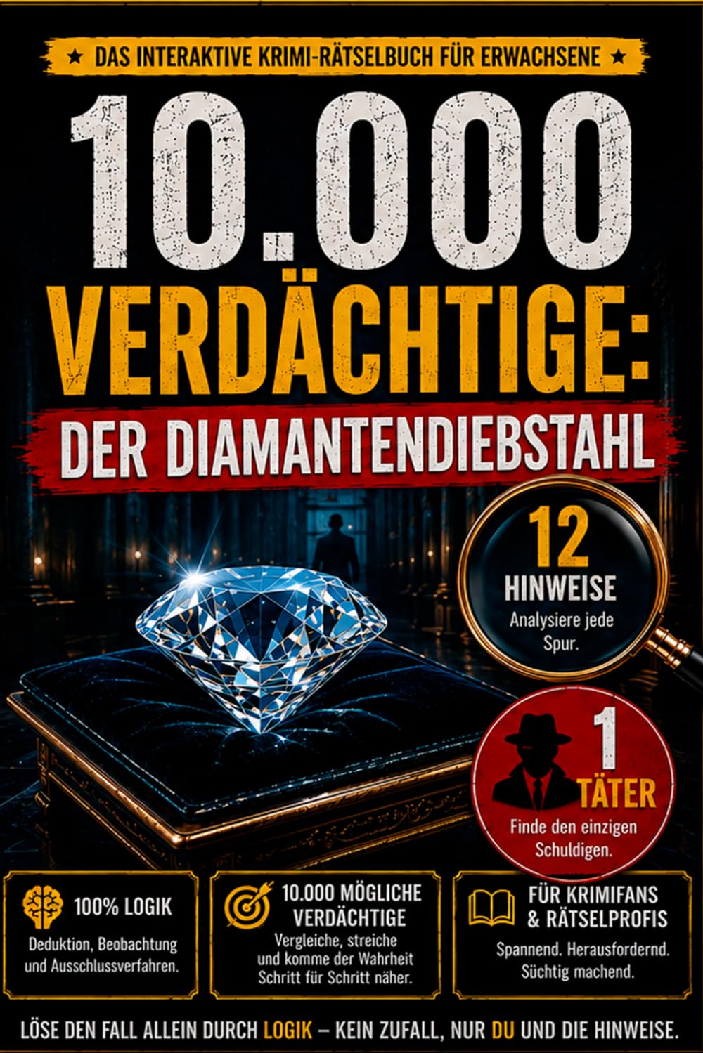 10.000 Verdächtige: Der Diamantendiebstahl: 12 Hinweise. Ein Täter. Das interaktive Krimi-Rätselbuch für Erwachsene. Analysiere alle Hinweise, ... allein durch Logik und Ausschlussverfahren.