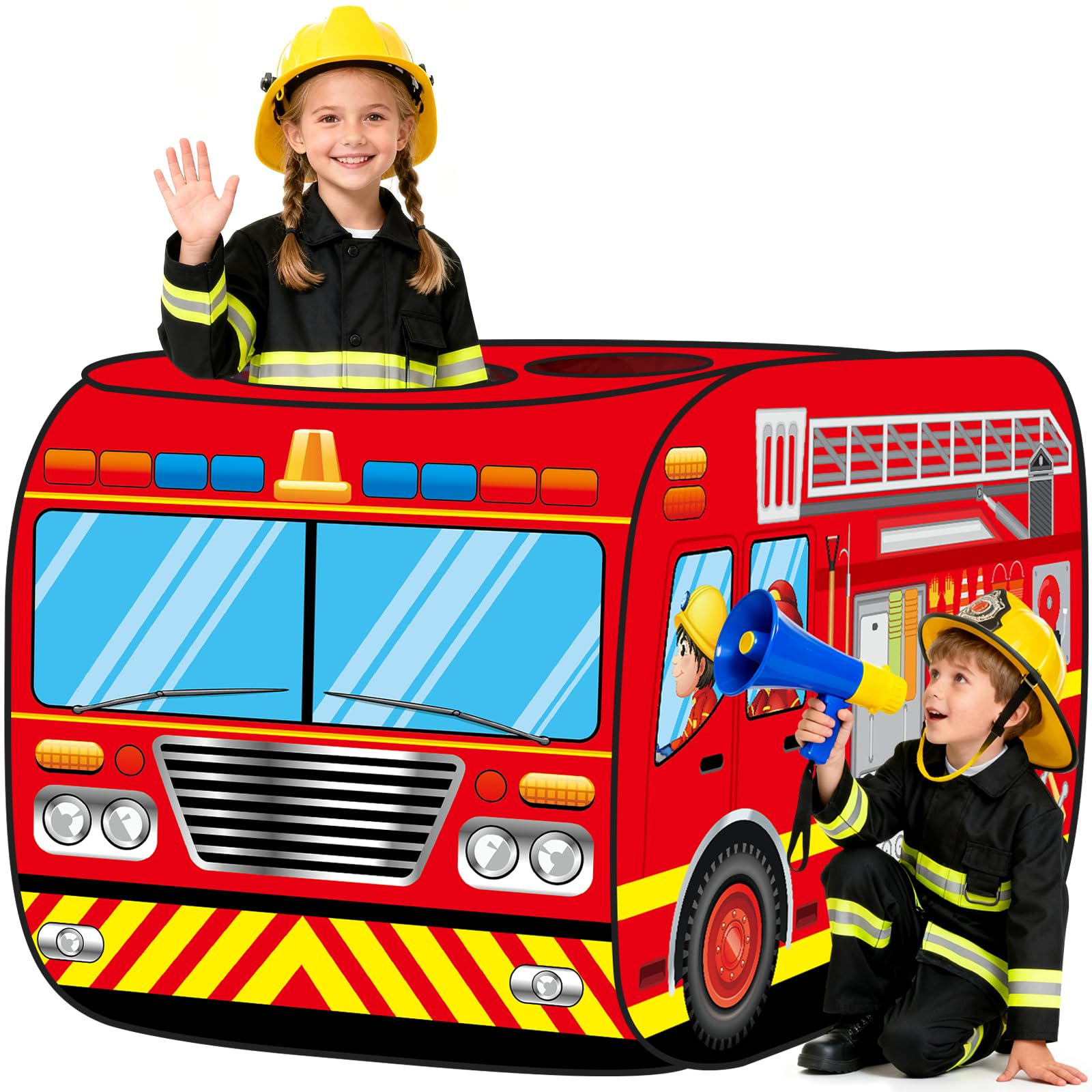 WEXFFU Pop Up Play Tent, Firefighter Play Tent for Kids Truck PlayTent, Waterproof Foldable Firetruck Toy