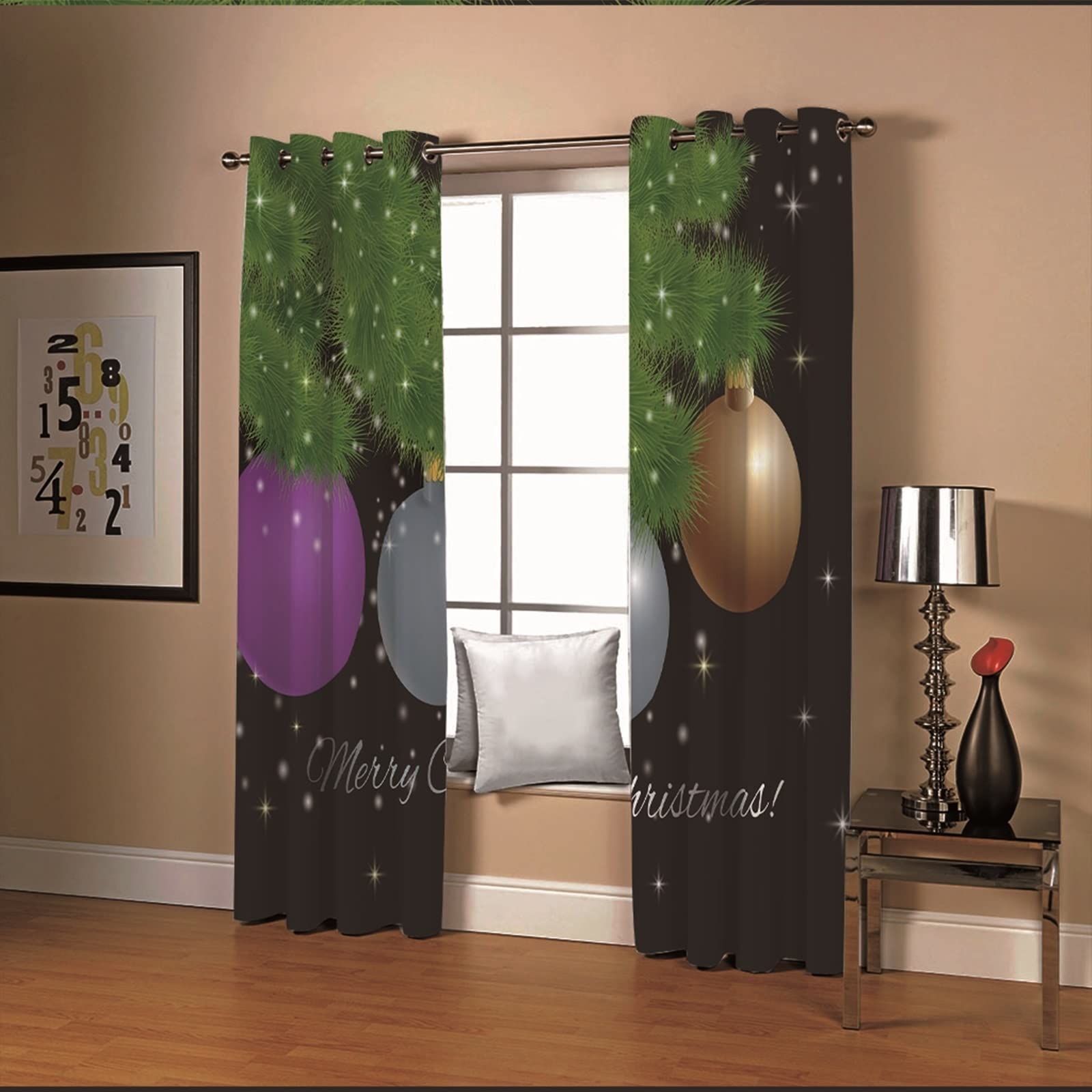 Amdxd Balcony Tent, Blackout Curtains Modern Polyester Purple Grey Yellow Green Merry Christmas Pine Ball Starlight Curtains 274x138CM