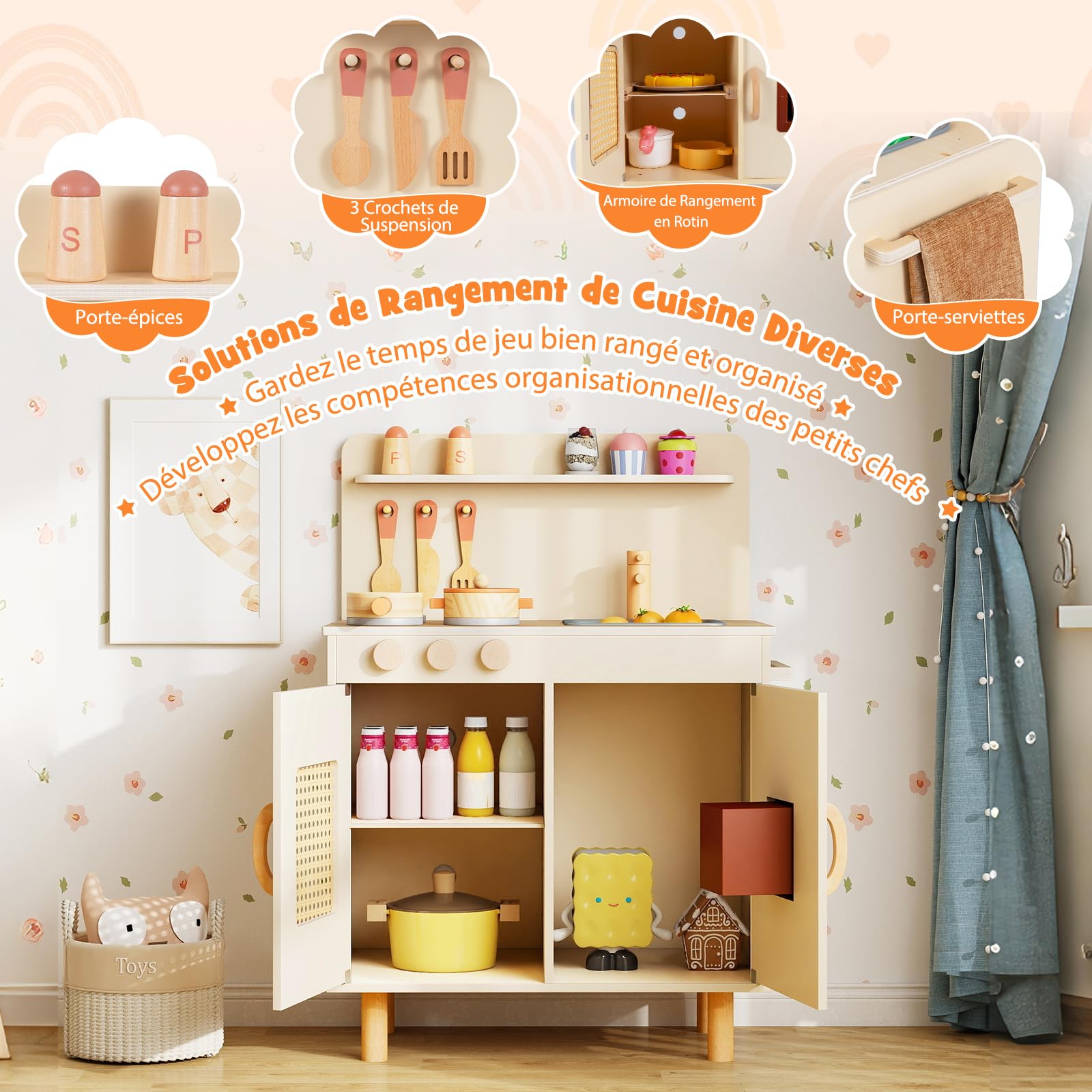 COSTWAY Cuisine Enfant en Bois avec Distributeur de Glace, 11 Accessoires, Jeu de Cuisine avec Cuisinière et Évier, Étagères et Armoire et Porte-Serviettes, Jeu d'Imitation pour 3 Ans+ (Jaune)