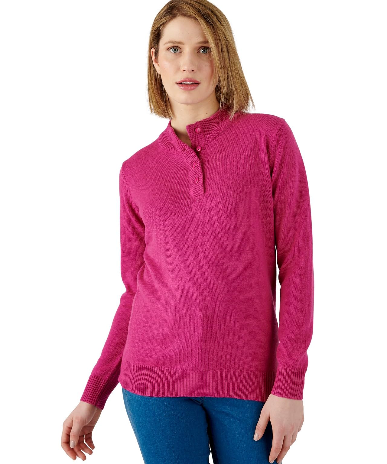 Damart Button-Neck Jumper Women Tunisian Collar Long Sleeves Pink