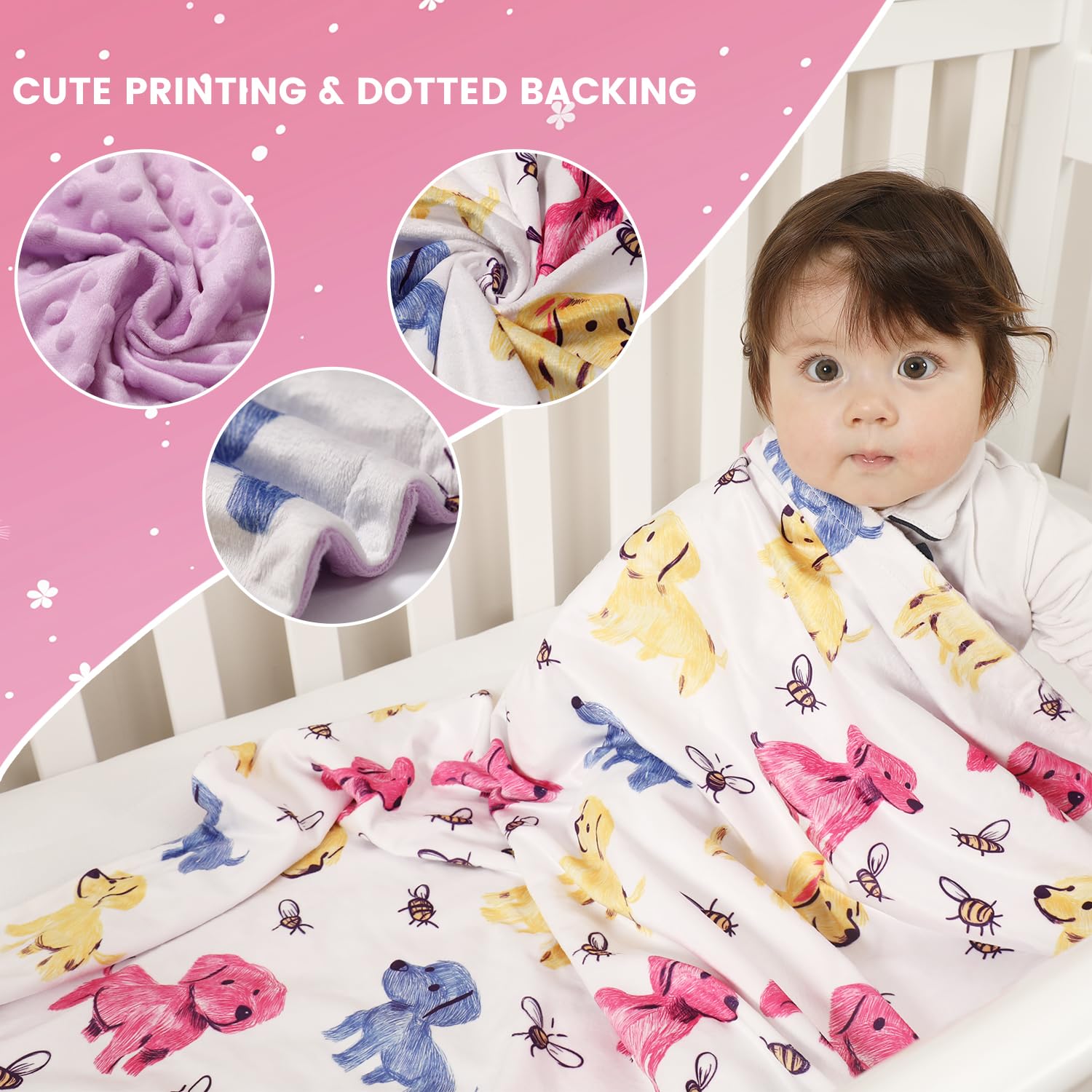 Manta de bebé unisex Minky con respaldo de puntos, doble capa, 76 x 101 cm, manta para bebé, manta para cuna, manta para envolver con estampado de perro