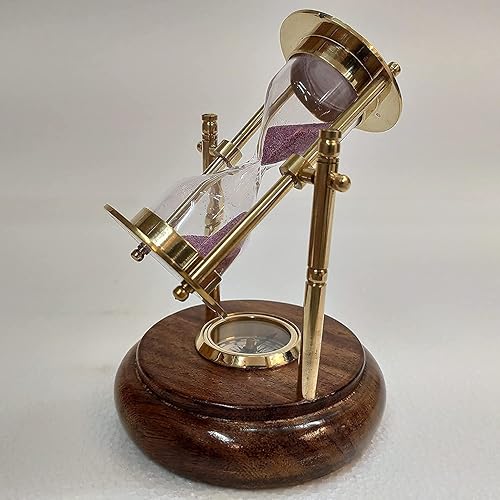 Miniatura 3 de Crafts International - Temporizador de arena antiguo de latón con brújula en base de madera reloj de cristal de hora decoración temática náutica