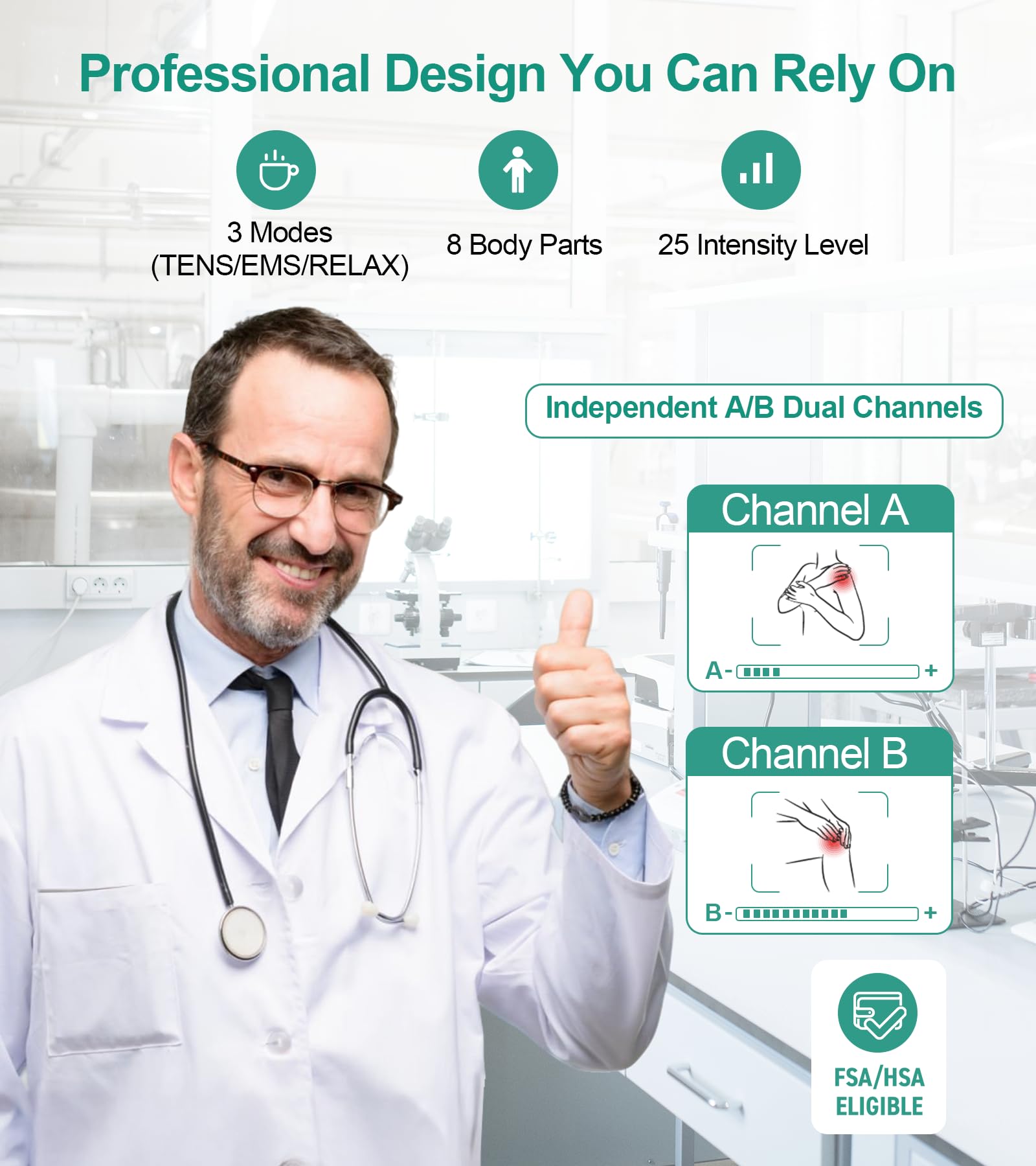 Medcursor Stimulateur Musculaire à Unité TENS - Appareil EMS sans Fil 3-en-1 à Double Canal avec Application et Mémoire, 25 Niveaux d'Intensité, 8 Zones Ciblées, pour Soulager les Douleurs Dorsales