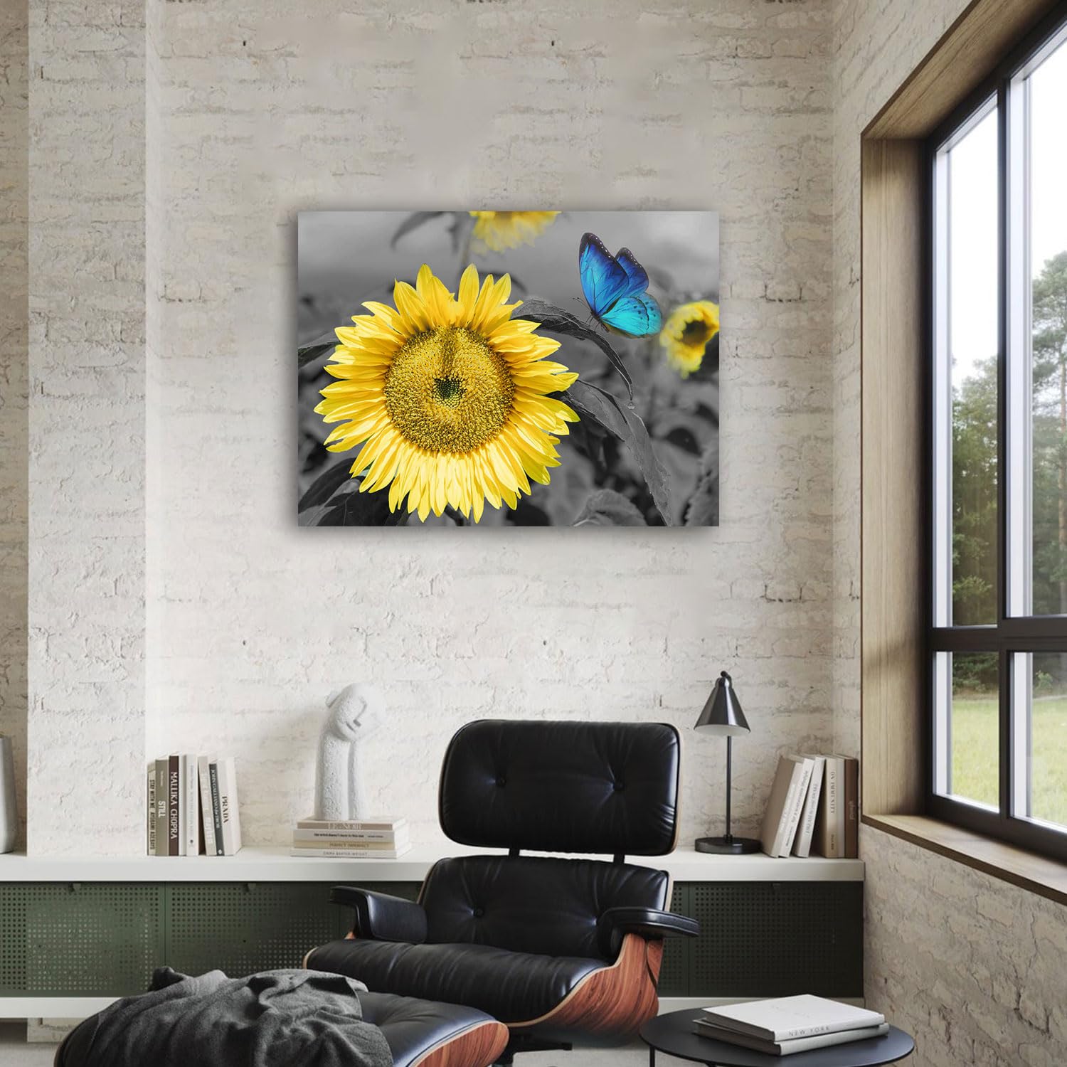 Acocifi Sunflower Picture Bathroom Wall Art Blue Butterfly Canvas Print Flowers Florals Painting Artwork Framed for Hallway Living Room Bedroom Kitchen Dining Room Office Home Decor 16"x12"