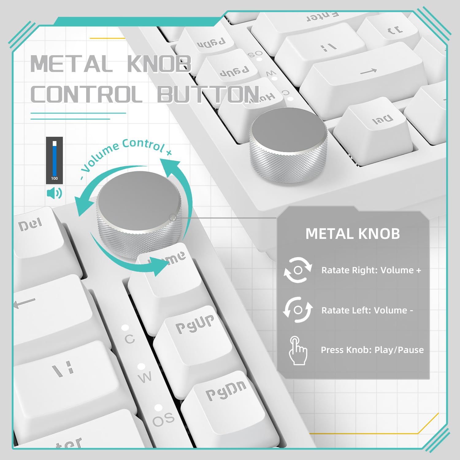 YINDIAO Ajazz AK820 Teclado Mecánico con Perilla,Diseño 75% ANSI,82 Teclas,Teclado para Juegos con Cable,5 Espumas Absorbentes de Sonido,Hot-Swap,Interruptor Azul,Luz Azul Hielo,para PC,Mac (Blanco) — view 3