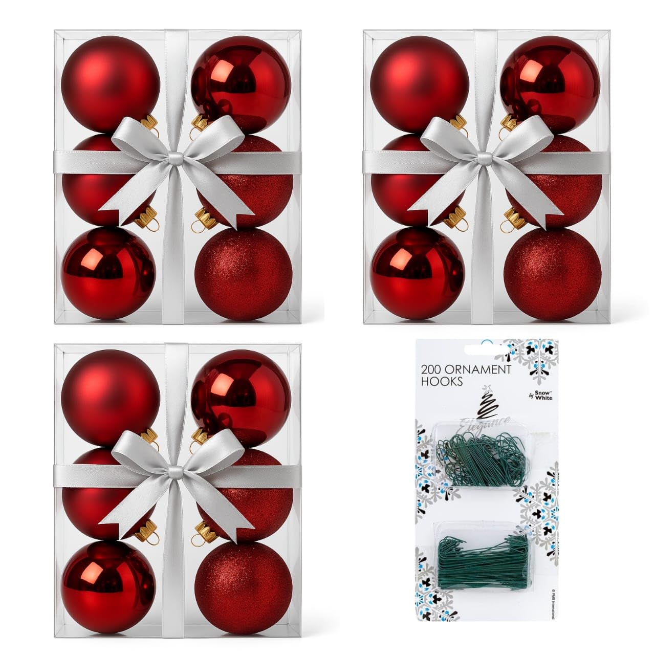 6CM/3CM 18 Pcs with 200 Bauble Hooks Christmas Tree Baubles Multiple Variation in Red | Shatterproof Glitter Christmas Baubles | Elegant Hanging Ornament Balls for Xmas Tree & Festive Holiday Décor.