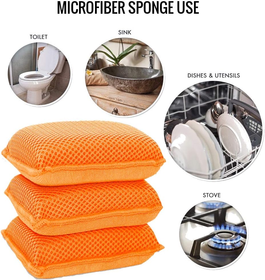 Miracle Microfiber Kitchen Sponge by Scrub-It - Non-Scratch Heavy Duty Dishwashing Cleaning sponges- Machine Washable- (Orange)