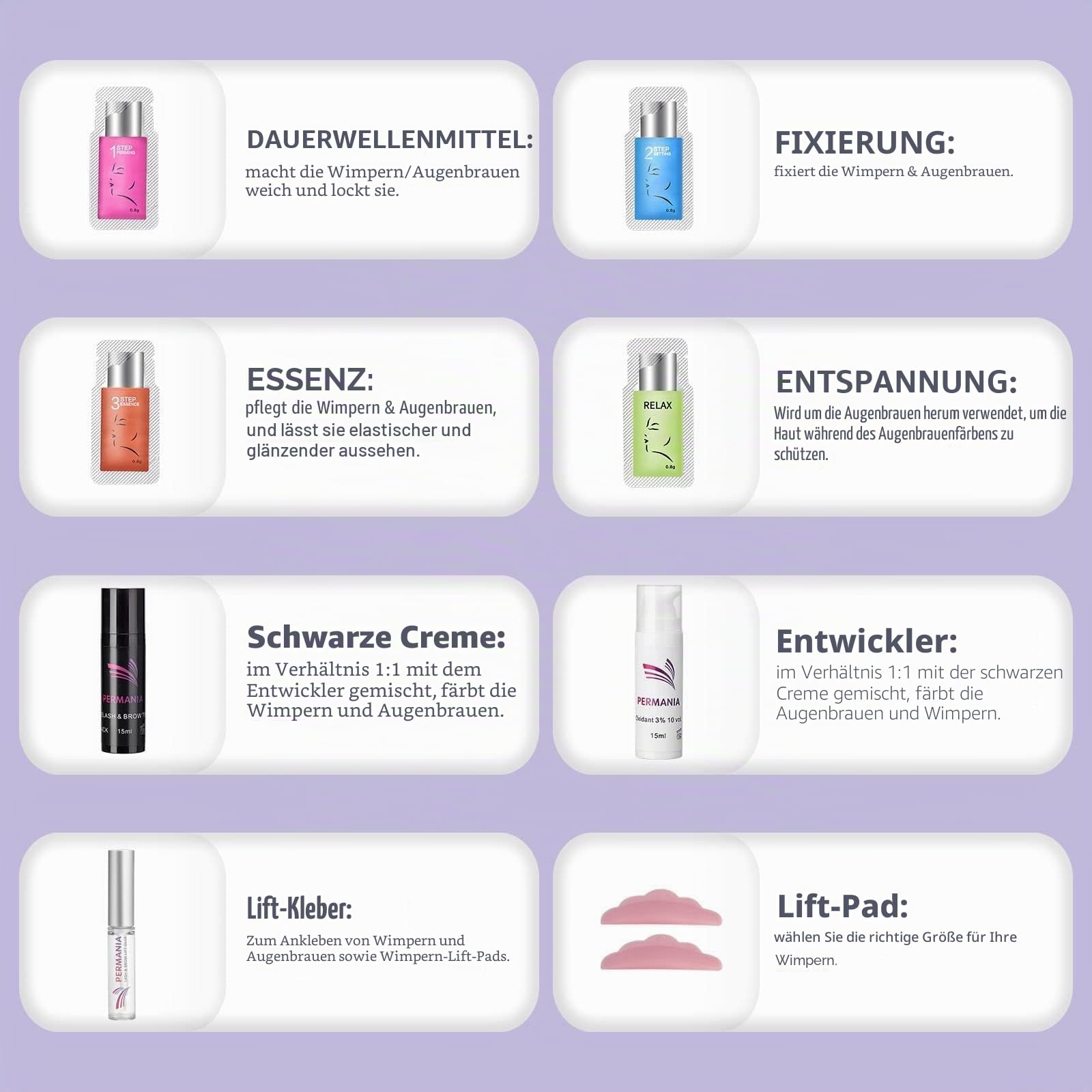 PERMANIA Wimpernlifting Set mit Farbe Schwarz, Augenbrauen Lifting Set und Augenbrauen Färben, Komplettes Zubehör mit 4-in-1-Wirkung zum Wimpernlifting, Wimpernfärben und Brauenfärben