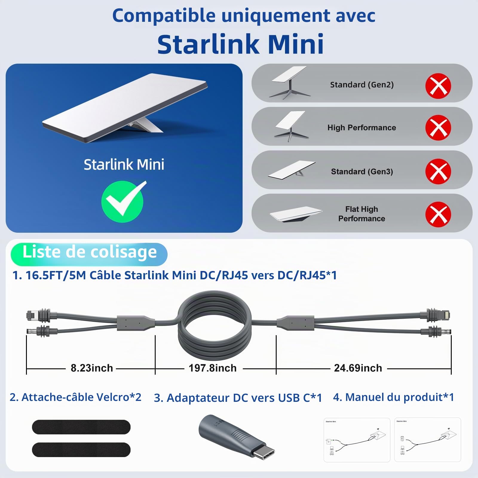 Starlink Mini câble d'alimentation 3 en 1 DC/RJ45 vers DC/RJ45 avec adaptateur DC vers USB C, rallonge étanche Starlink Mini cable d'alimentation