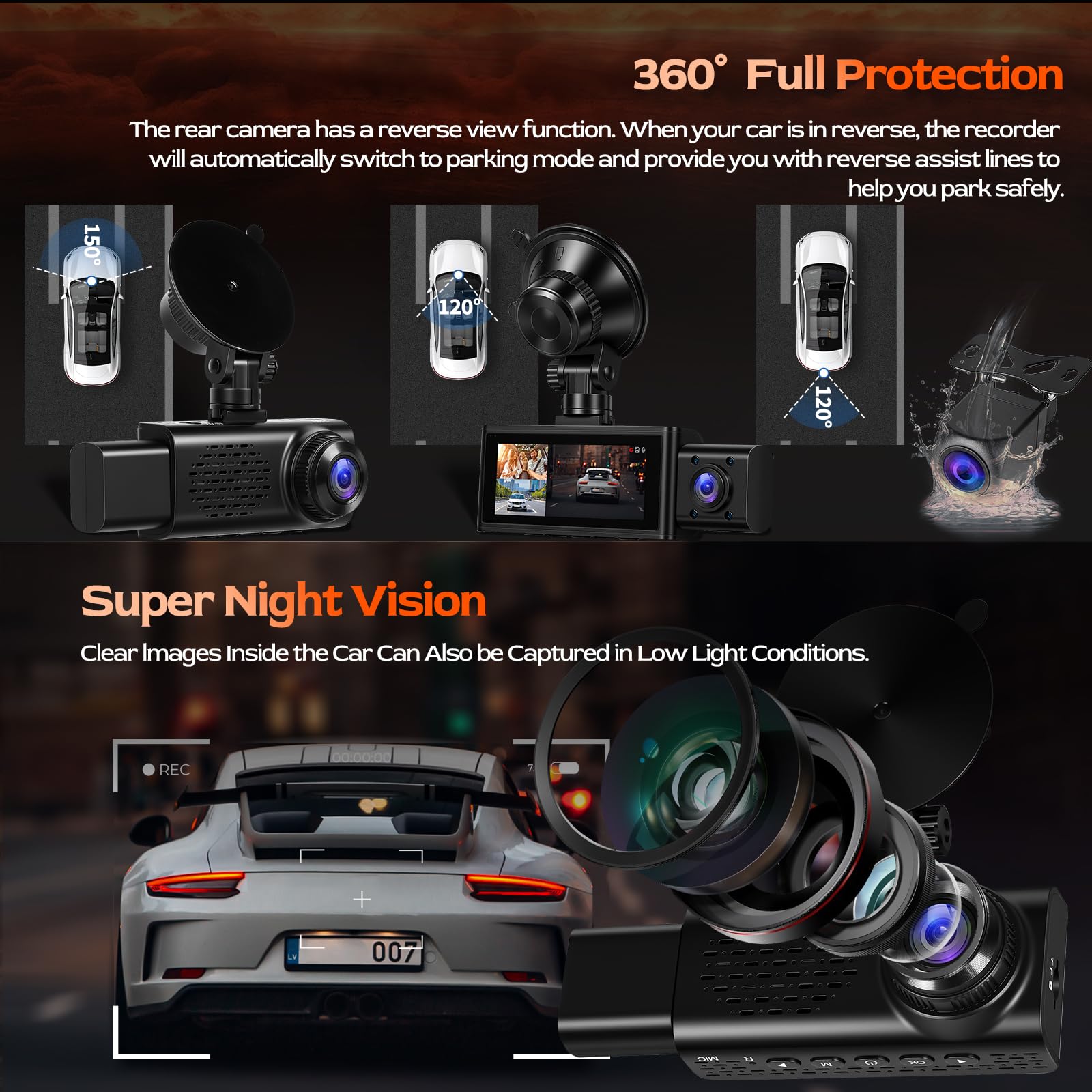 CAMECHO 3 Canaux Dashcam 2.5K Caméra embarquée Avant et arrière avec Vision Nocturne, GPS Ecran Dashcam 3.16 Pouces Enregistrement en Boucle, WiFi(APP), Mode Parking, Détection de Mouvement, Capteur G