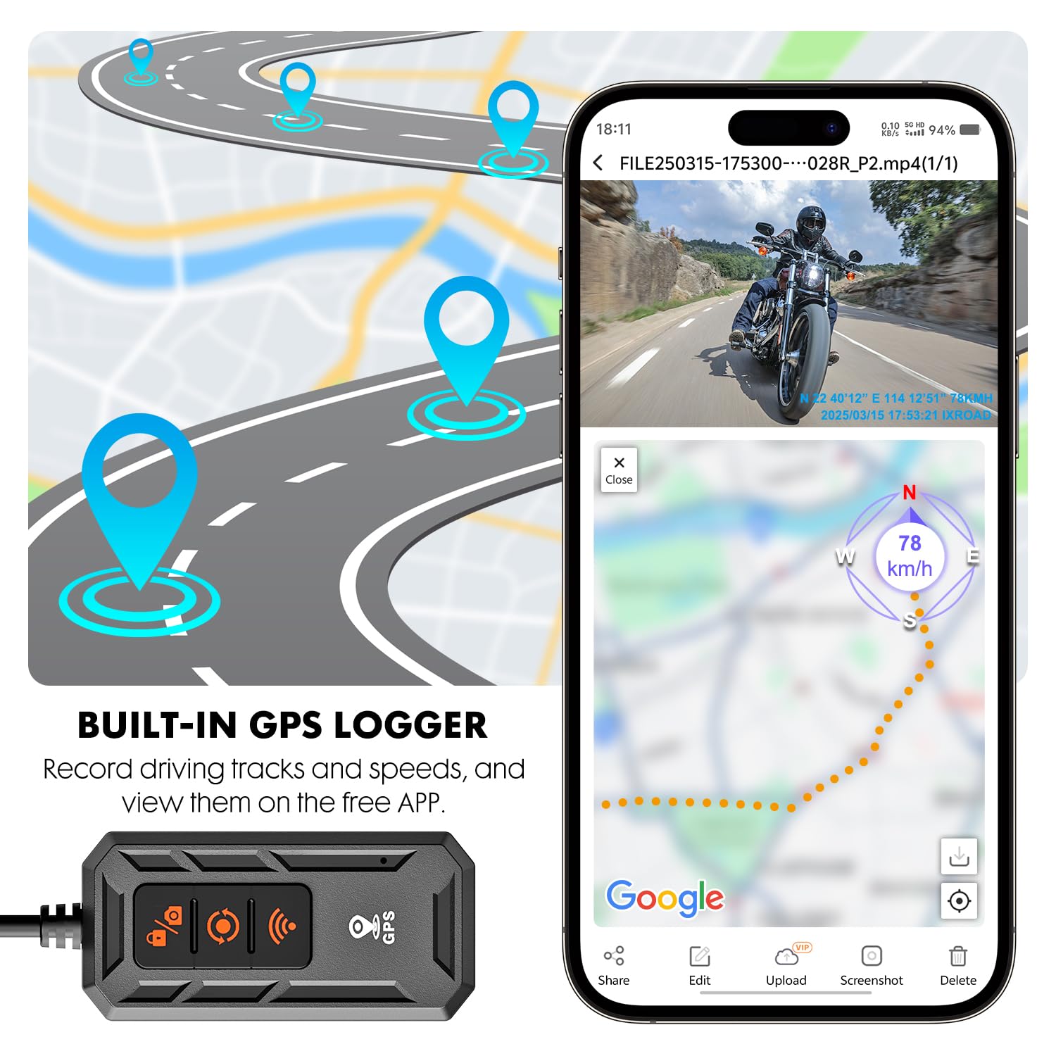 Dash Cam Moto, 1080P WDR Telecamera Anteriore e Posteriore, Dashcam Impermeabile con WiFi, GPS, Modalità Parcheggio, Telecomando Cablato, Schermo da 3", Scheda TF da 64 GB