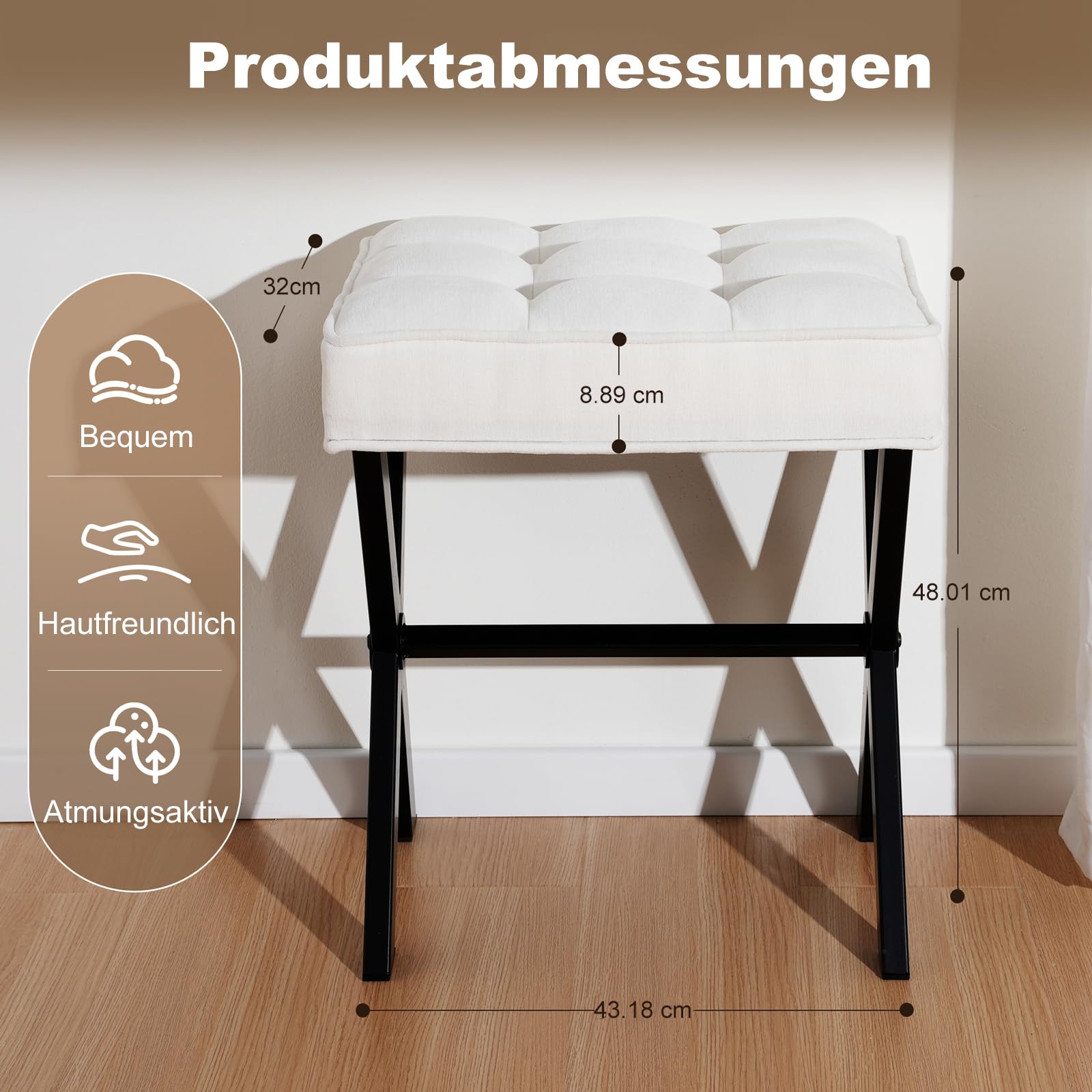 Klappbarer Fußhockel und moderner Fußhockel mit X-Beinen, Make-up-Hocker, gepolsterter Hocker für Wohnzimmer, Schlafzimmer(X-Wohnzimmer, Schwarze Hockerbeine gepaart mit weißer Leinen)