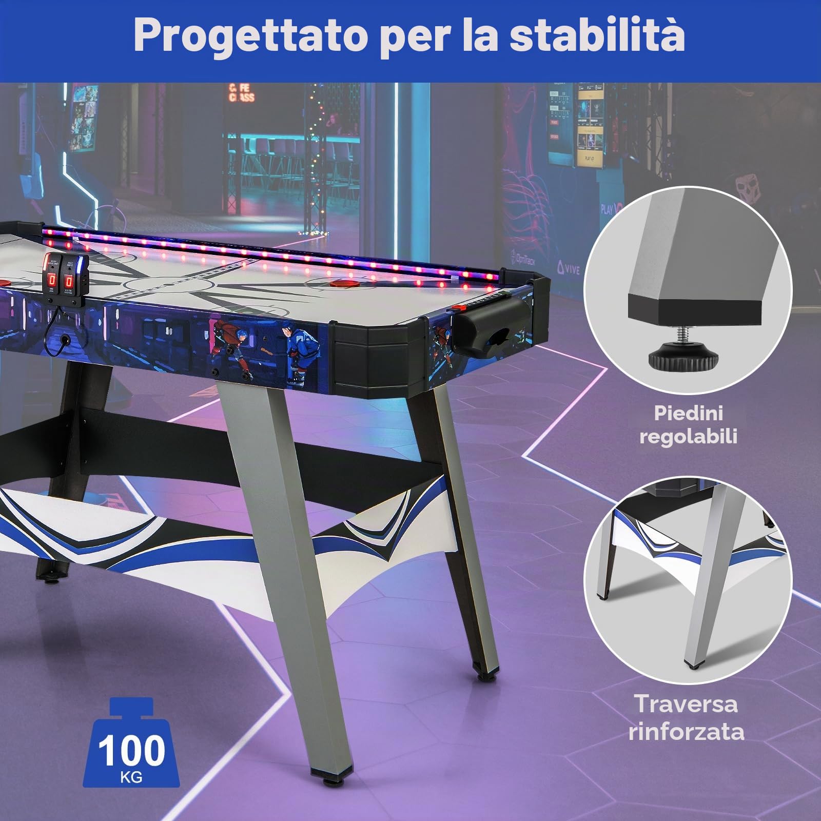 HOMASIS Hockey da Tavolo con 2 Spingitori e Dischi, Poggia Piedi Regolabili, Motore Potente da 12 V, Segnapunti, Air Hockey da Tavolo per Famiglia, Bar, Casa, 137 x 65 x 86 cm