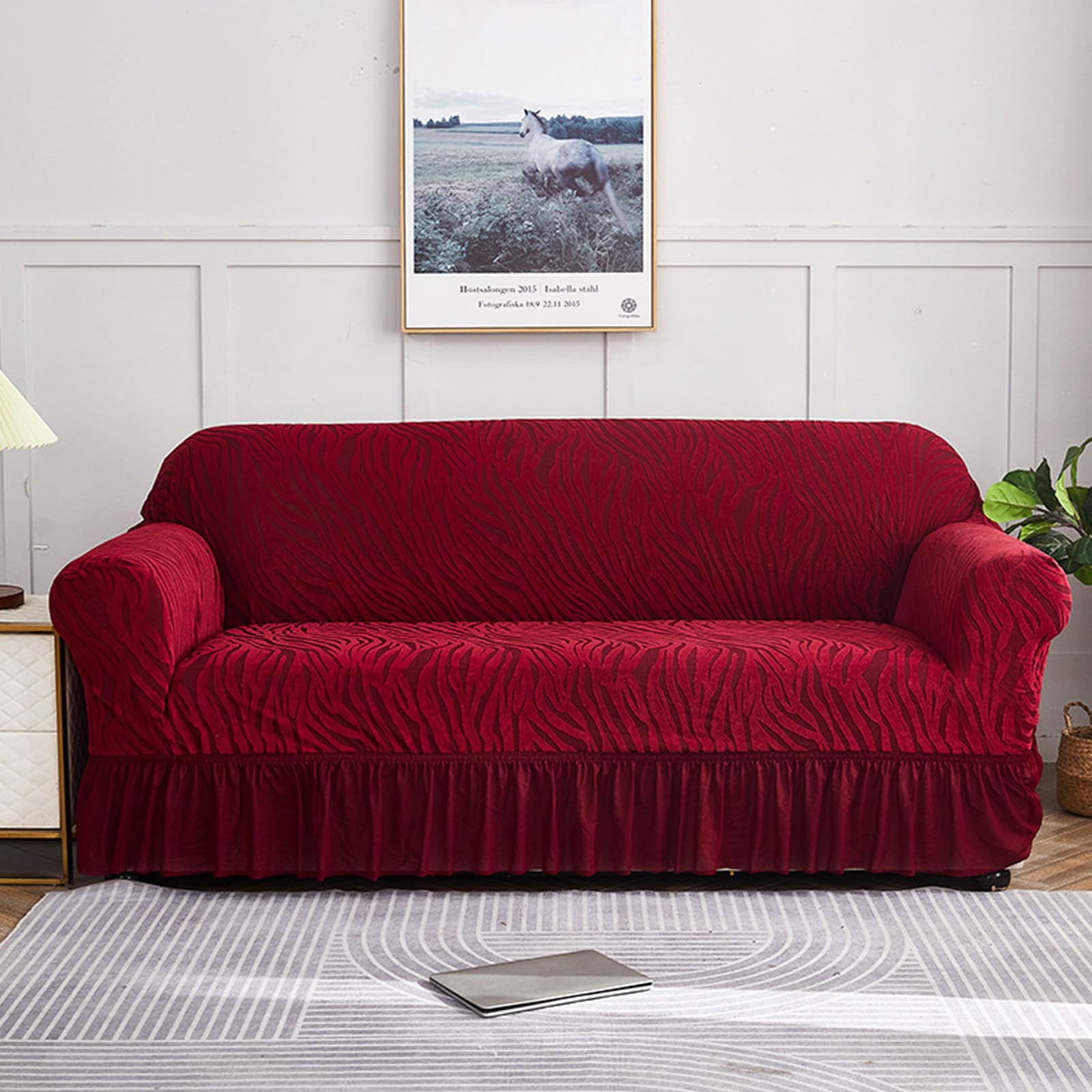Housse de canapé résistante aux chiens extensible rouge avec jupe à volants protectrice