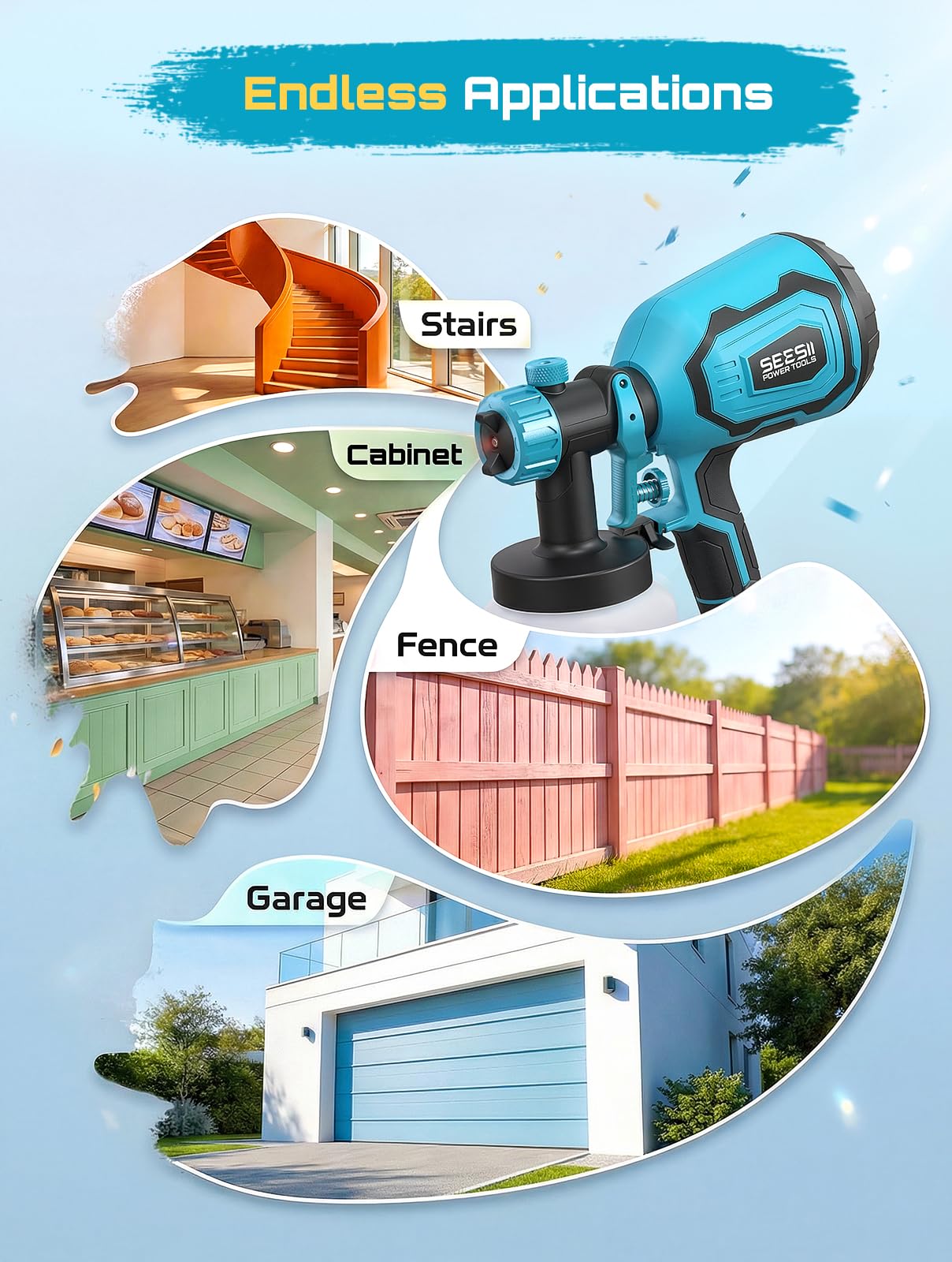 Seesii Paint Sprayer,1400ML HVLP Paint Gun with 4 Nozzles and 3 Patterns, 5 Paint Bags, Easy Clean & Adjustable Flow, Sprayer Gun for House Painting, Furniture, Cabinets, Walls, Fence, DIY Projects — view 8