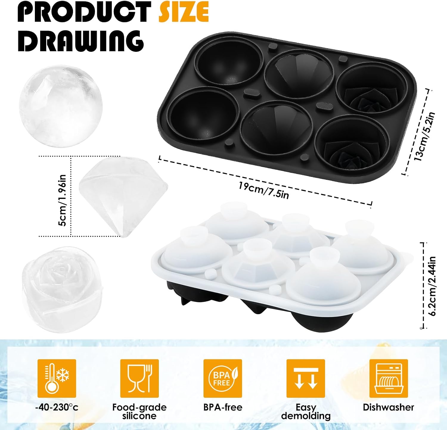 Ice Cube Tray, Ice Cube Tray, Rose/Ball/Diamond Ice Cube Tray Mould - 3D Rose Shape Ice Cube Trays, Ice Cube Moulds for Whisky Bourbon, 6-Hole Large Fun Moulds Trays image 4