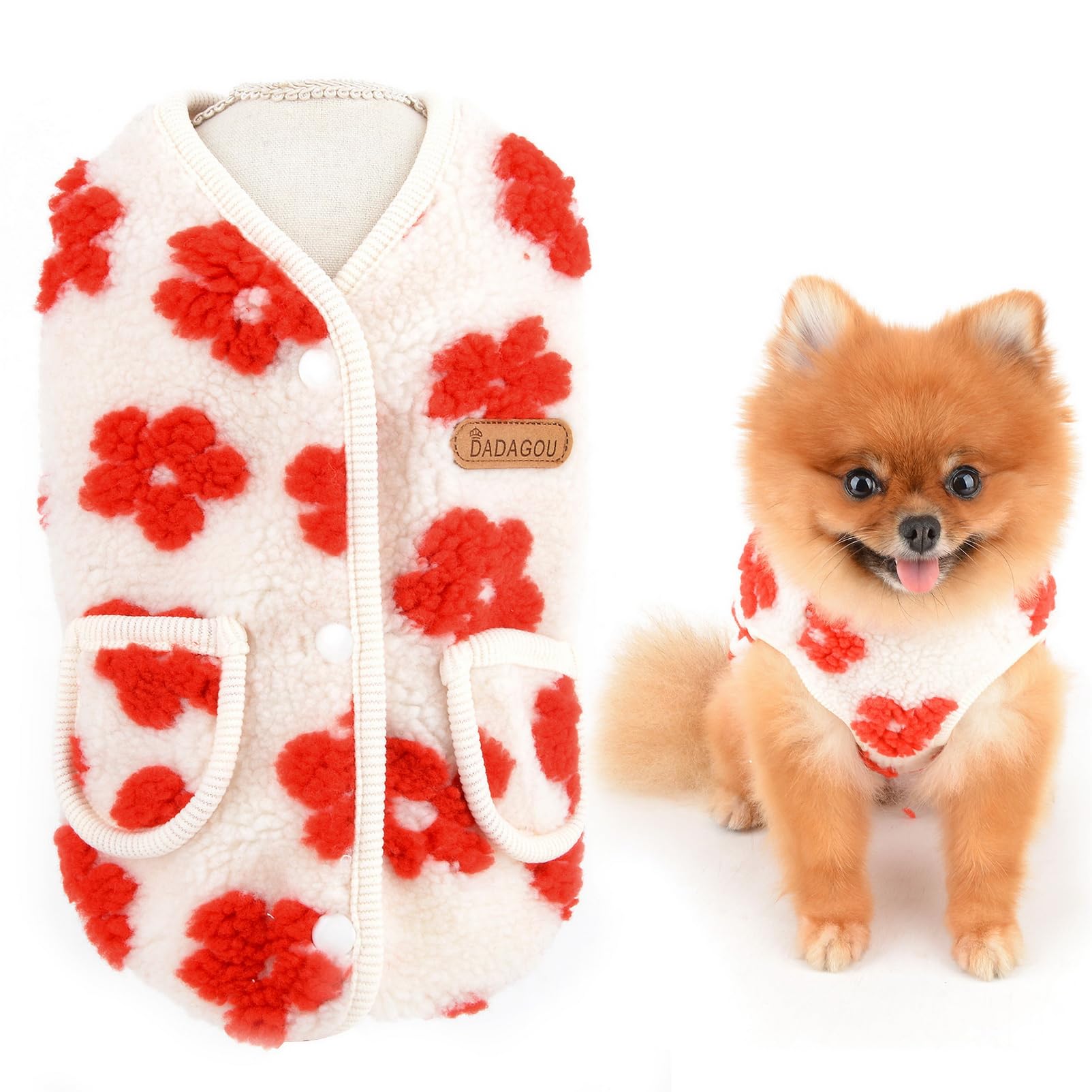 SMALLLEE_LUCKY_STORE Floral Dog Sweater Fleece Vest Fall Winter Warm Sweatshirt Jacket for Small Dog Girls with Pockets Cat Apparel Puppy Yorkie Chihuahua Clothes,Red,L