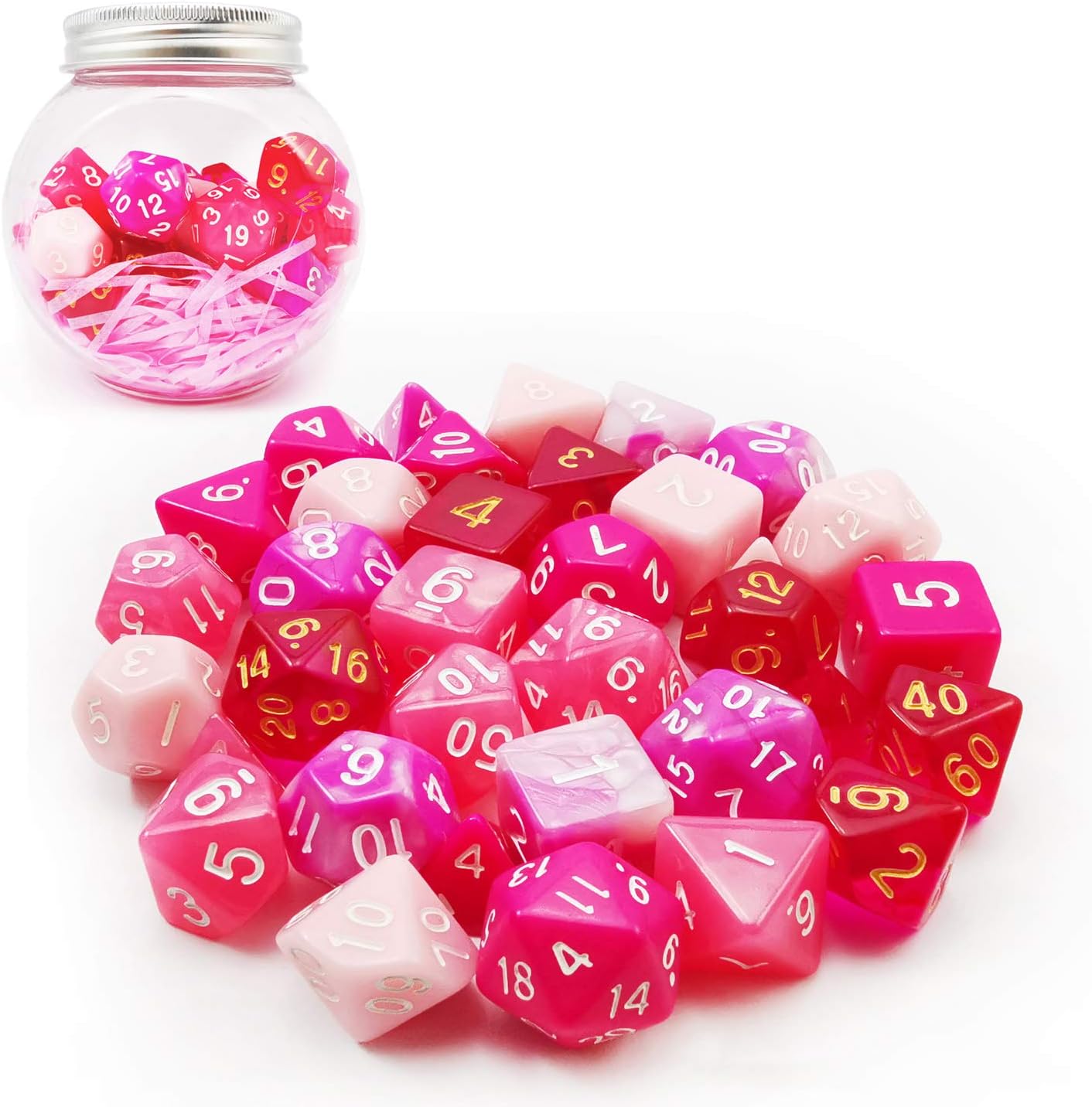 Bescon Polyhedral RPG Dice Full 35pcs Blossom Set, DND Role Playing Game Dice 5X7pcs, Pink Blossom Set, Standard size