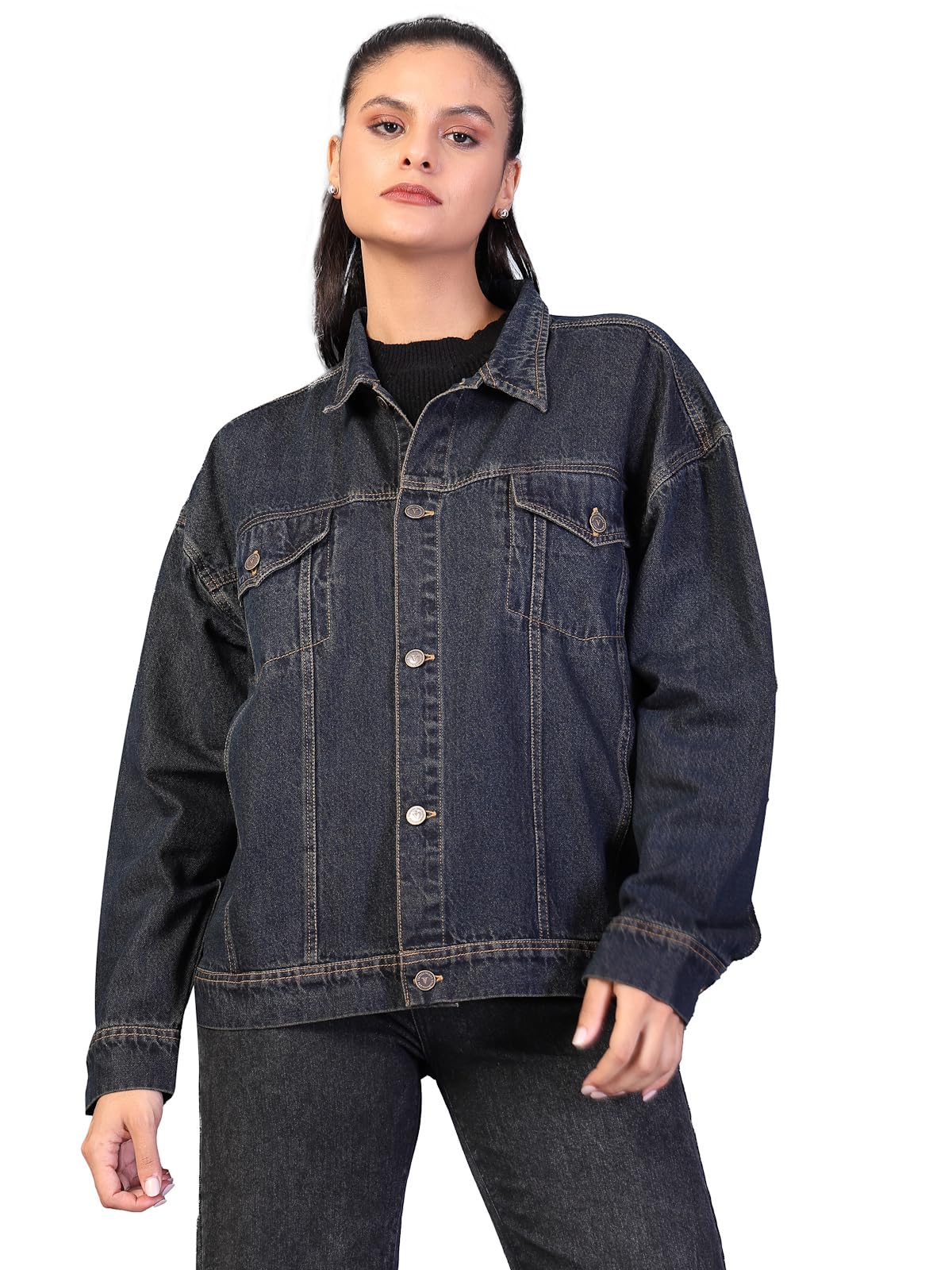 vestido modas Women's Jacket | Oversized Jackets for Standard Length Women | Black Denim Jacket for Woman-picture-22