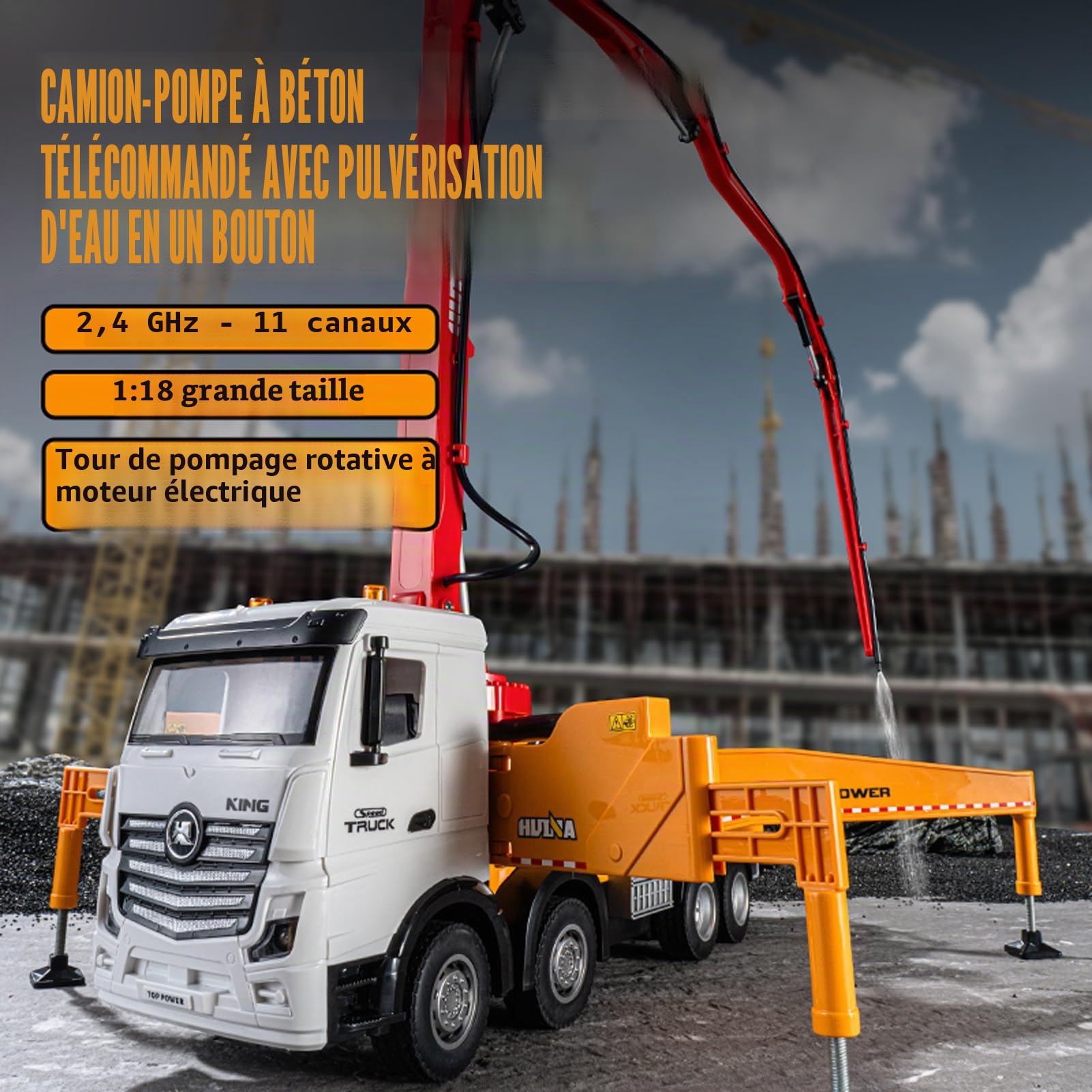 Véhicule de Chantier, Camion Pompe à Béton Télécommandé 2.4G, Modèle de Construction avec Pompe à Eau Fonctionnante, Lumières et Sons, Matériel Haute Résistance