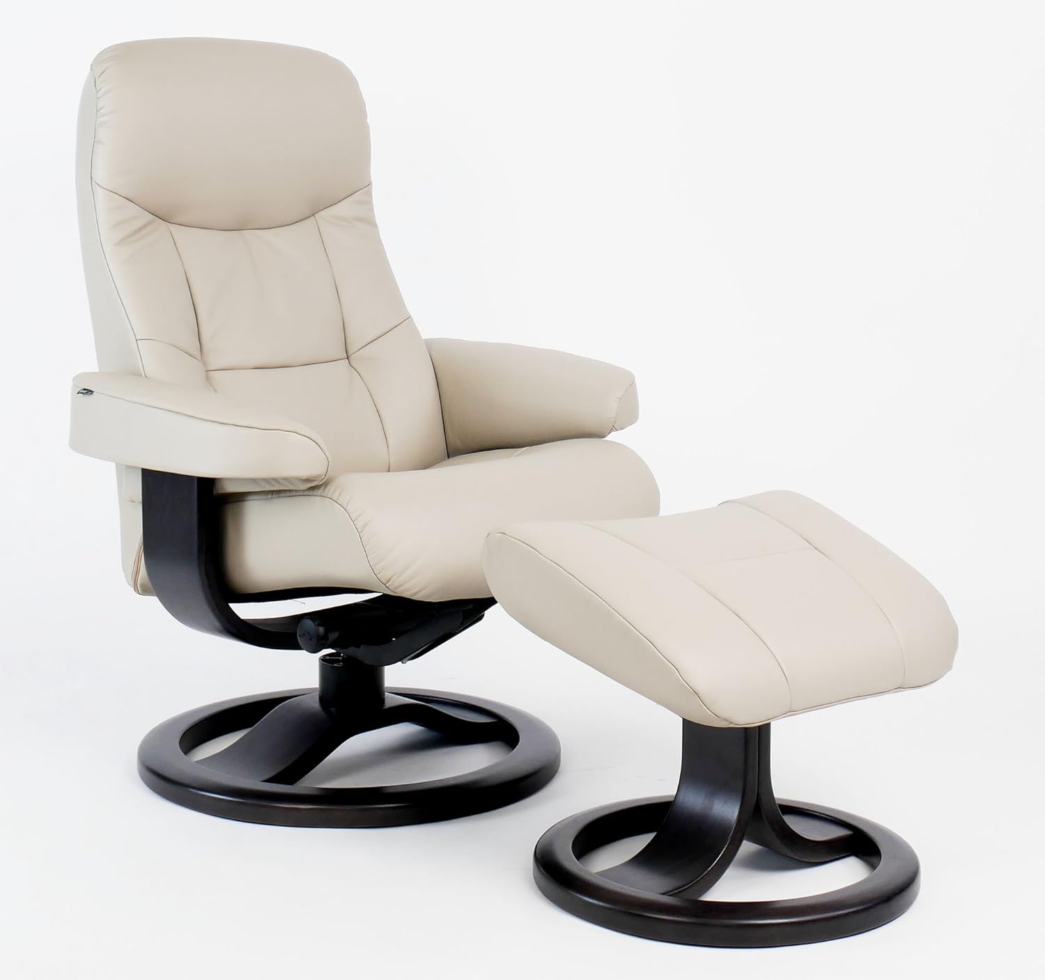 Fjords Muldal Small Leather Ergonomic Swivel Recliner Chair with Ottoman in Dove Gray NL 132 Nordic Line Leather with a Lite Oak Wood Stain Base