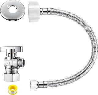 1 Pack Complete Toilet Valve Set, Includes 1/2 inch Nom Inlet x 3/8 Inch OD Compression Outlet Angle Shut Off, Stainless Steel Toilet Water Supply Line, Escutcheon Plate, Sealing Tape (16" Hose)