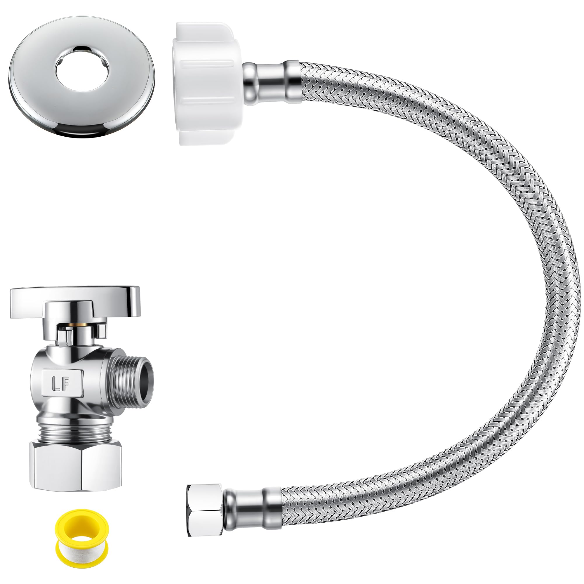 Photo 1 of 1 Pack Complete Toilet Valve Set, Includes 1/2'' Nom Inlet x 3/8'' OD Compression Outlet Angle Shut Off, 7/8" BC x 3/8" COMP Toilet Water Supply Line, Escutcheon Plate, Sealing Tape (16 Inch)
