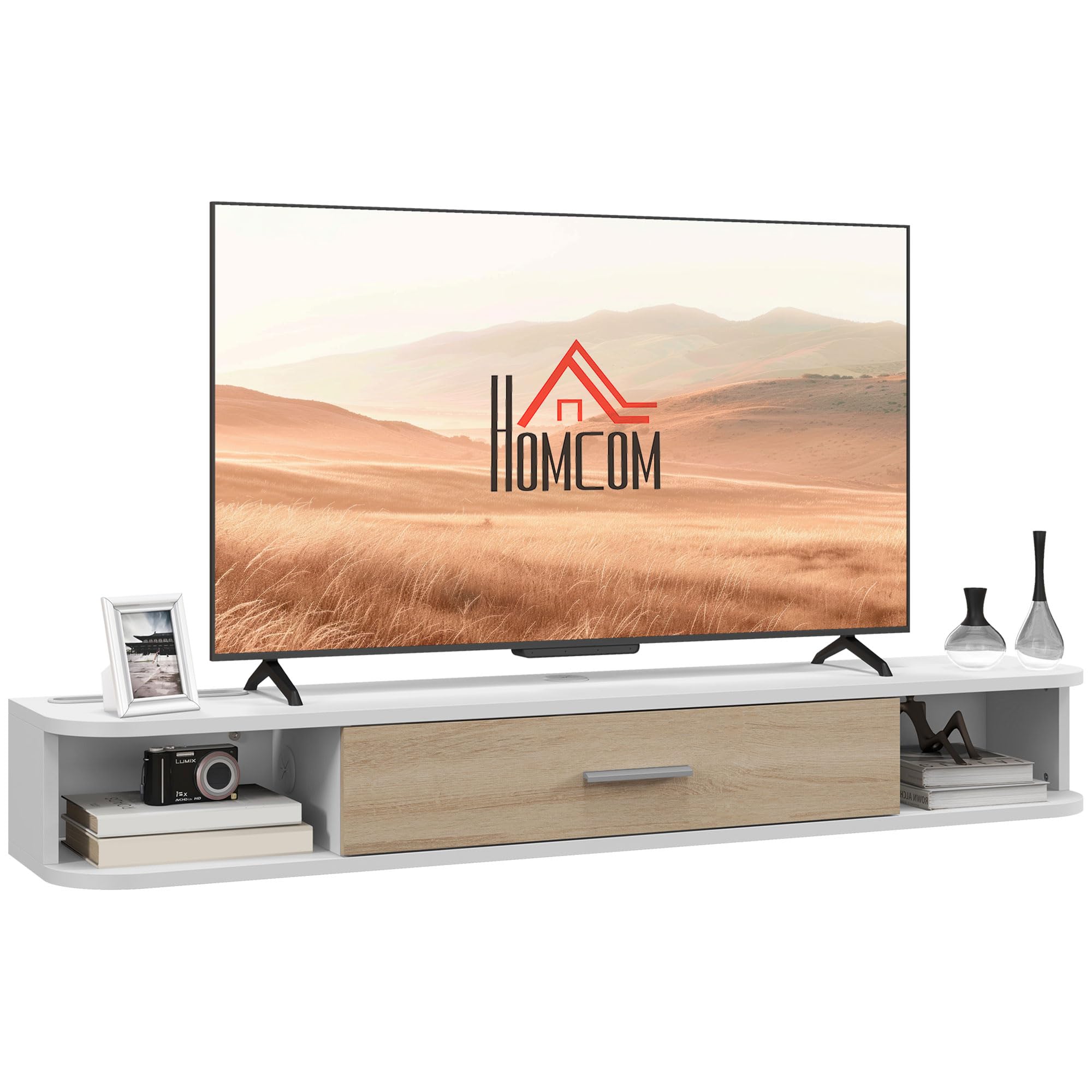 HOMCOM Mueble TV de Pared 120 cm para TVs hasta 50 Pulgadas, Blanco | Soporte TV, 2 estantes abiertos, puerta abatible, gestión de cables, banco TV flotante, salón, dormitorio