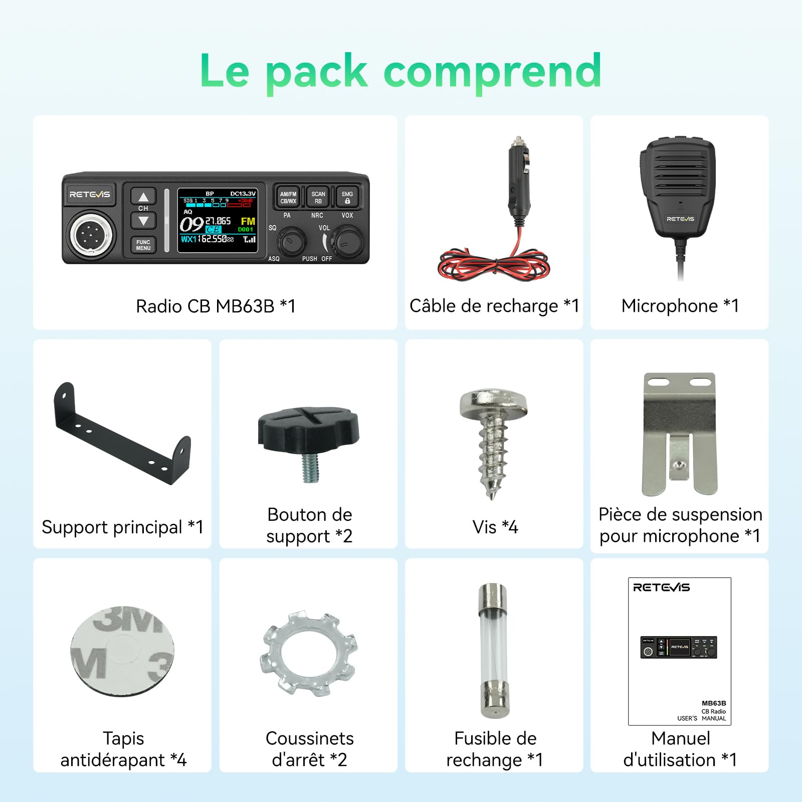 Retevis MB63B Radio Portable CB avec NRC, TFT écran Couleur CB Radio, 12/24V, AM/FM, CTCSS/DCS, Gain RF/MIC, EMG CH9/19, 40-Canaux, VOX, CB Portable Longue Portée pour Les Déplacements(1 Unité, Noir)