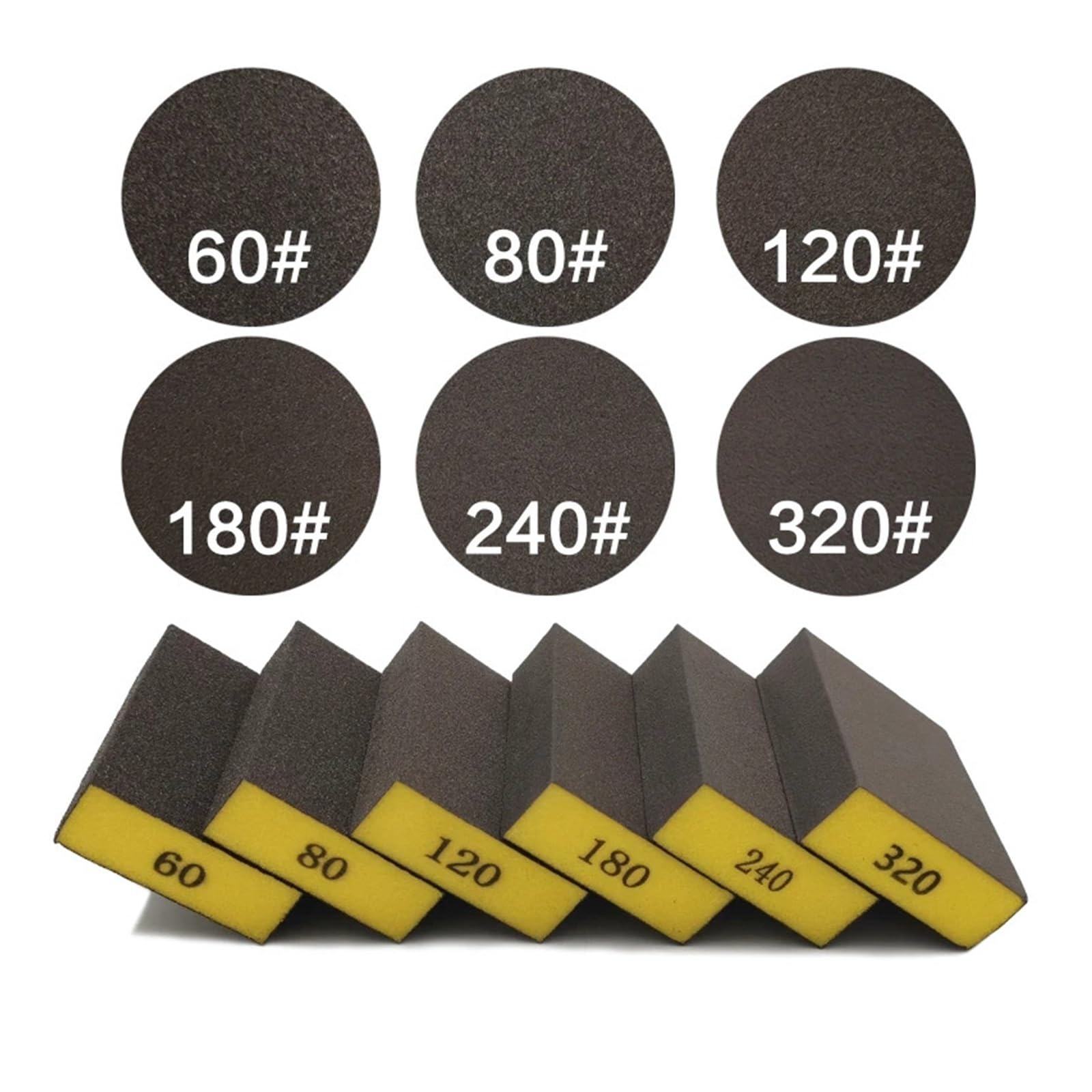6 Pezzi/Set (60 80 120 180 240 320) Blocco abrasivo a Grana Grossa, Media e fine, spugne for levigatrice for Legno, cartongesso, Metallo, Carta vetrata, Spugna